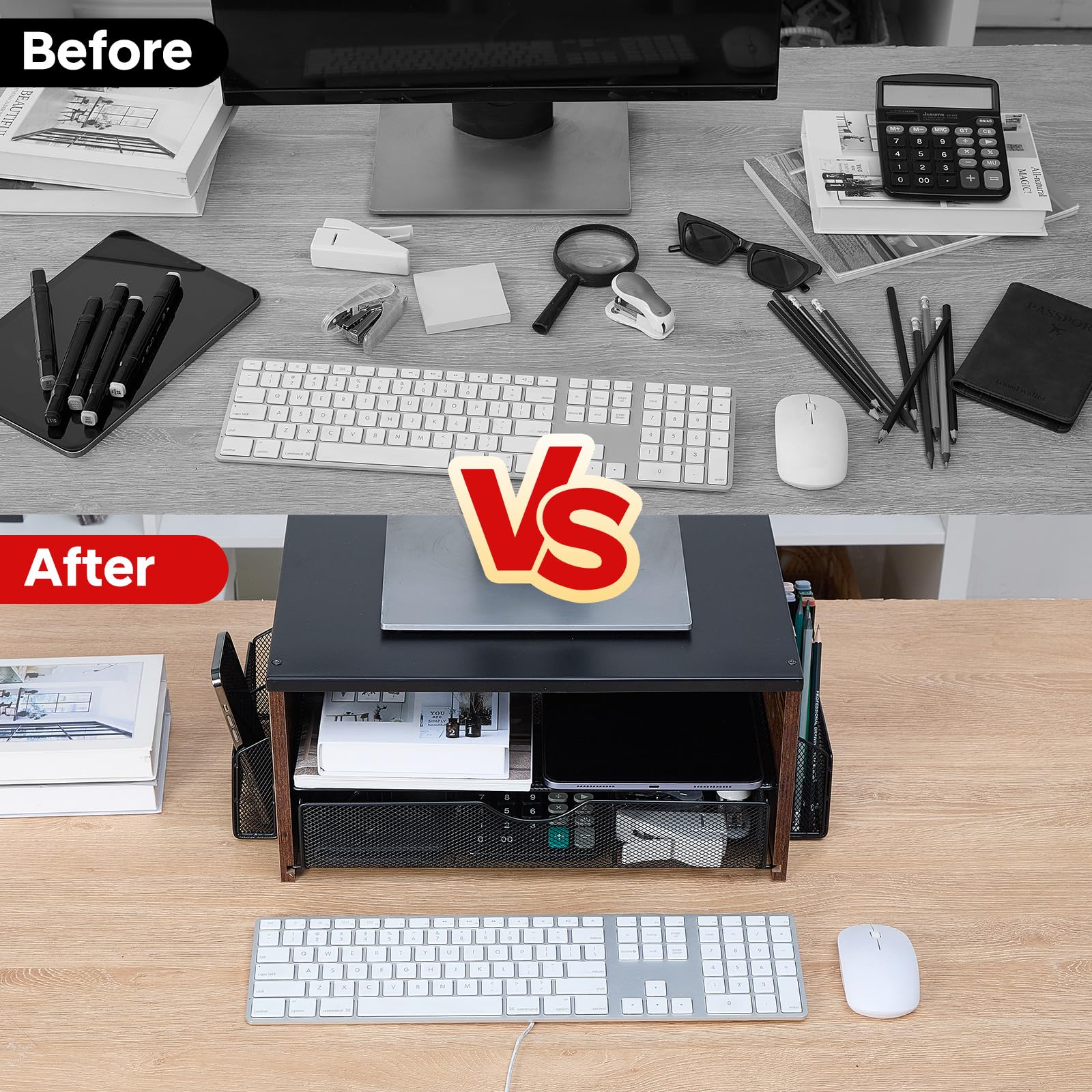 2-Tier Printer Stand with Drawer & Pen Holders - Home Office Desk Organizer for Fax Machine, Scanner & Files - Compact Workspace Storage Solution for Small Spaces