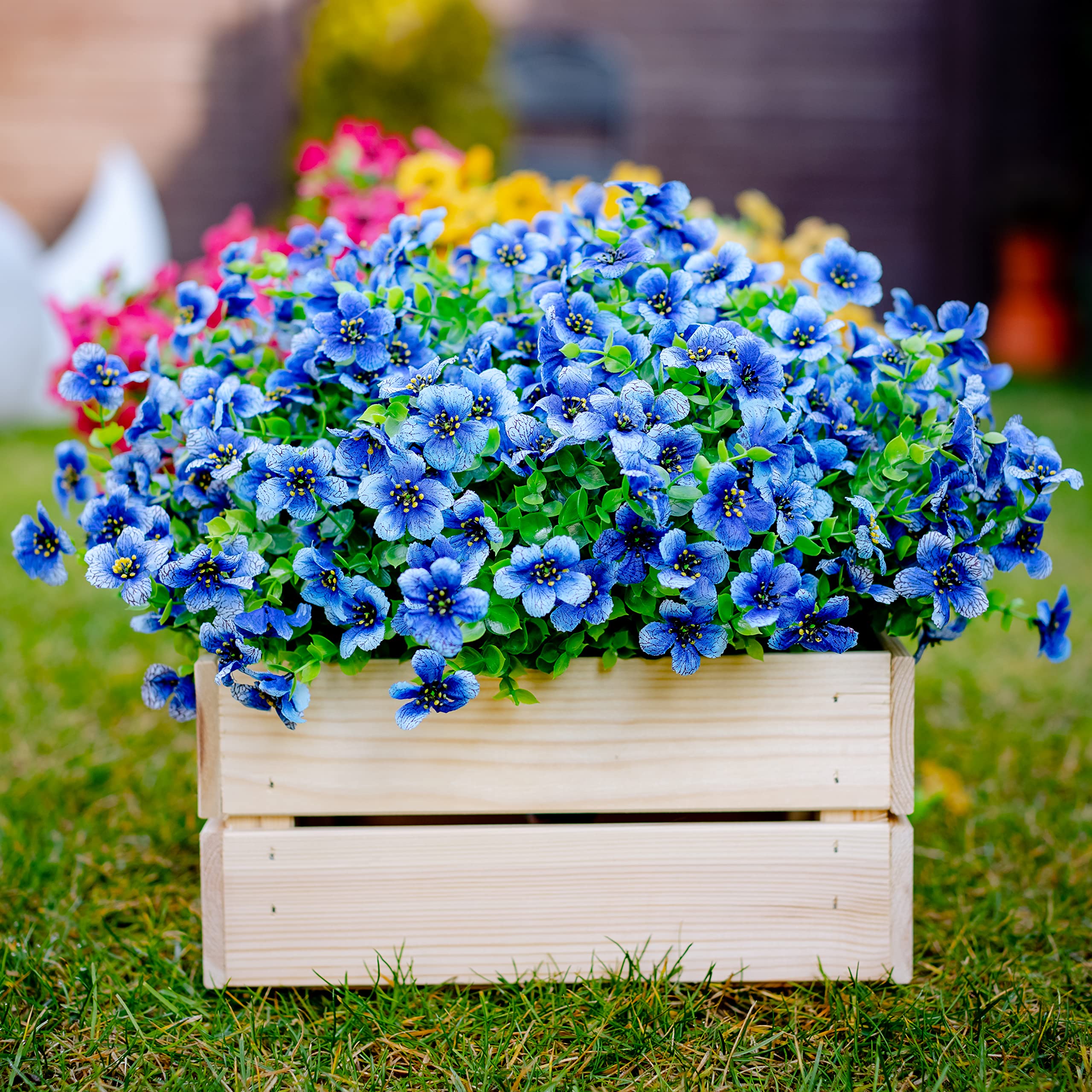 16 Bundles Artificial Outdoor Flowers - Faux Boxwood Greenery Shrubs, No Fade Plastic Plants for Fall Farmhouse Decor, Garden & Patio Landscaping (Blue) | Perfect for Porch, Wedding, and Home Decoration