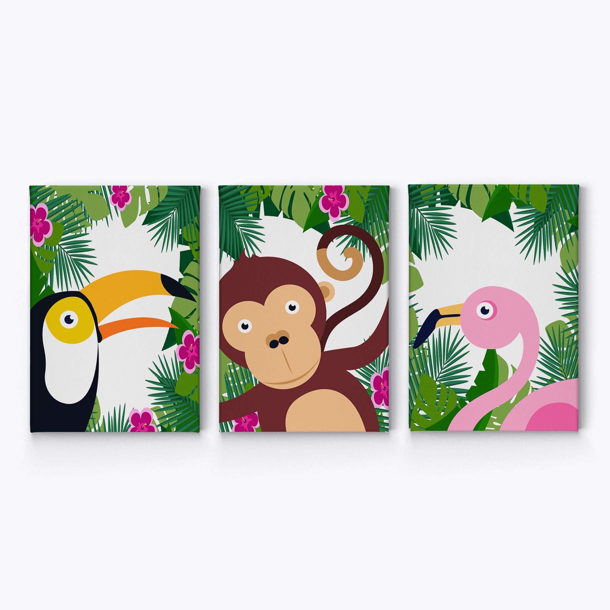 Tropical Animals Wall Art Canvas Prints - 3 Panel Set for Kids Room, Nursery & Baby Room Decor - 40x30 Inches - Made in USA | Perfect for Playrooms, Bedrooms & Daycare Centers