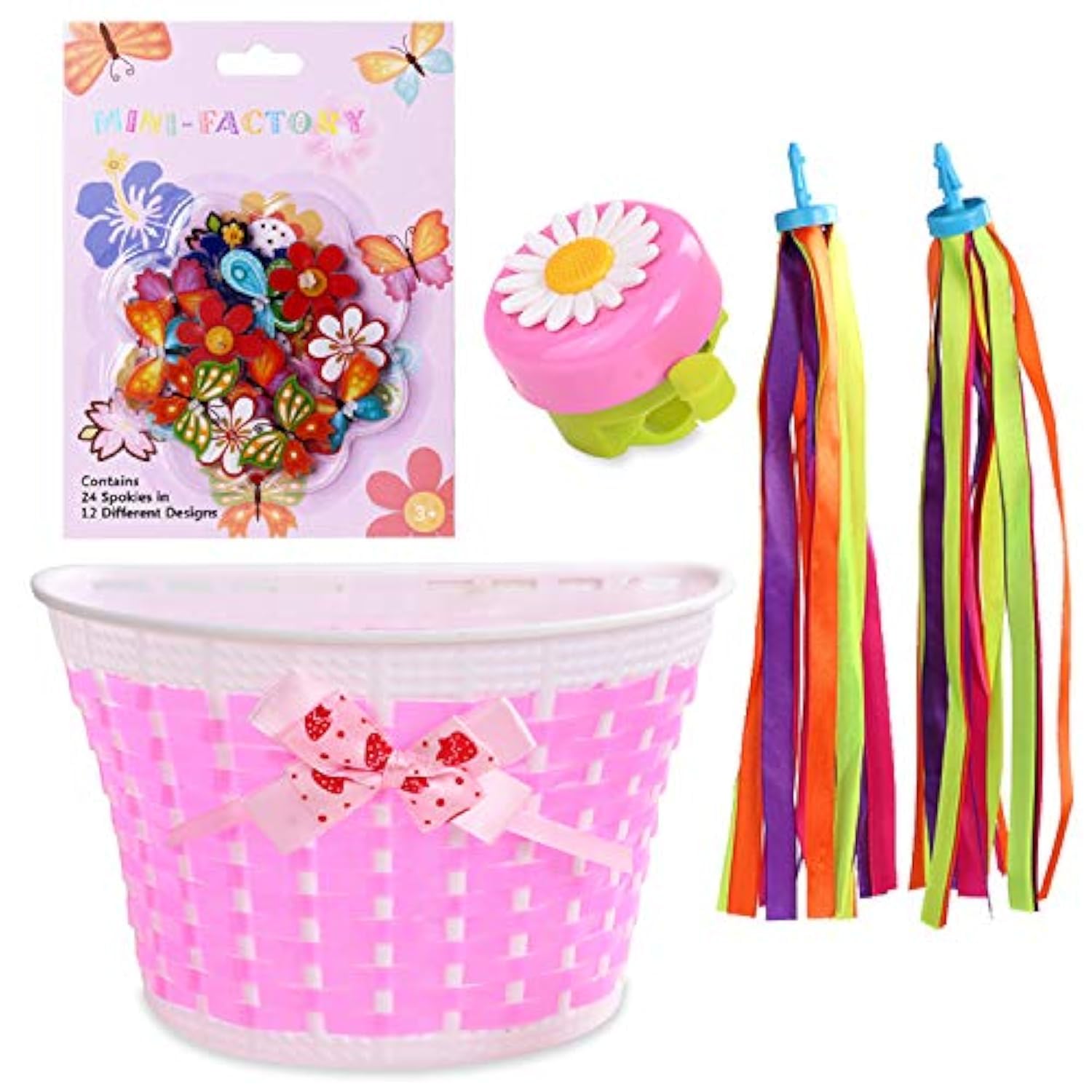 MINI-FACTORY 4Pcs Bike Accessories Set - Basket, Bell, Streamer & Spoke Decor for Girls | Cycling Fun Gifts