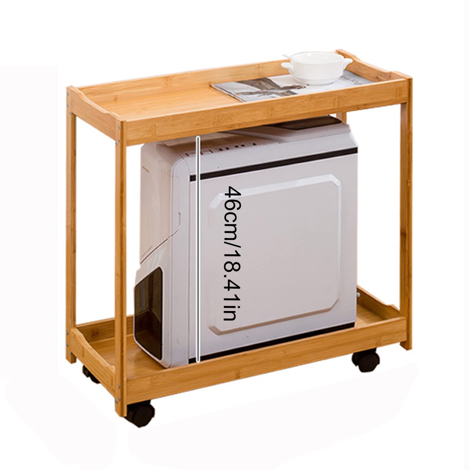 Premium Double Layer Bamboo Computer Tower Stand with Locking Caster Wheels - Sturdy CPU Floor Cart for PC, Printer, Fax & Office Equipment - Ideal for Home Office & Workspace Organization
