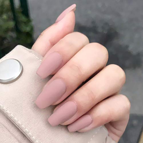 Ronglia Matte Press-On Fake Nails - 24Pcs Long Coffin False Nails for Women | Nude Pink, Green, Grey, Pink Colors | Perfect for Parties, Weddings & Everyday Wear