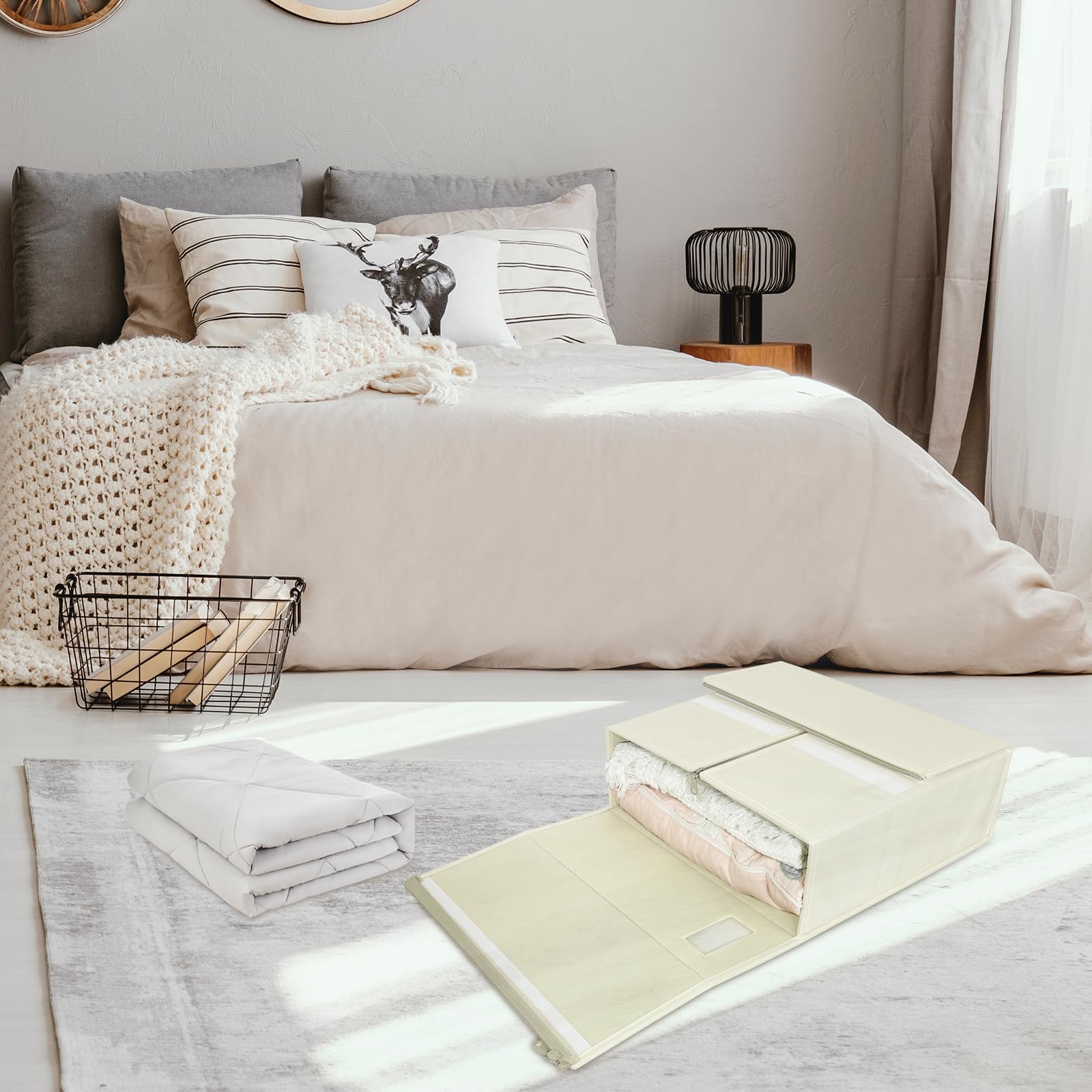 4C'Son Foldable DOUBLE ZIPPERS Bed Sheet Organizer - 2 Pack Fabric Storage Bins for Bed Sheets & Linen - Closet Organizer with Window & EXTRA STURDY Handle (Ivory) | Perfect for Bedroom, Nursery & Travel Storage Solutions