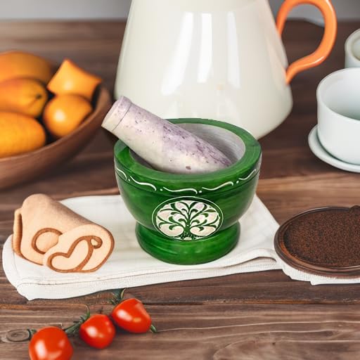 Premium Mortar and Pestle Set - Heavy Duty Polished Natural Stone Spice Grinder for Herbs, Seasonings, Pastes & More (Green Tree of Life Design) - Perfect for Kitchen, Cooking, Ayurveda & Herbal Medicine Preparation