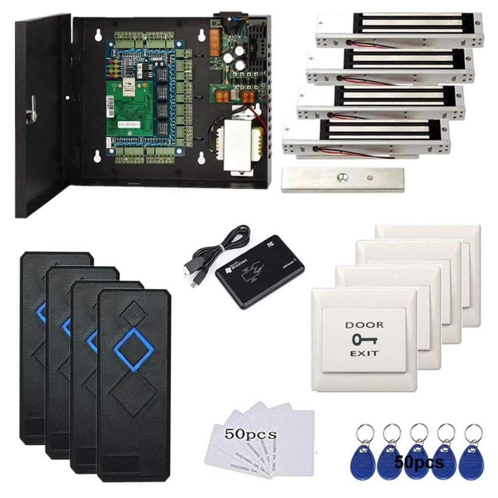 4 Door Access Control System with 600lbs Magnetic Lock - RFID Reader, Key Fob & Phone APP Remote Access - Secure Entry for Offices, Warehouses & Smart Homes (110V Power Supply, Exit Button, USB Reader Included)