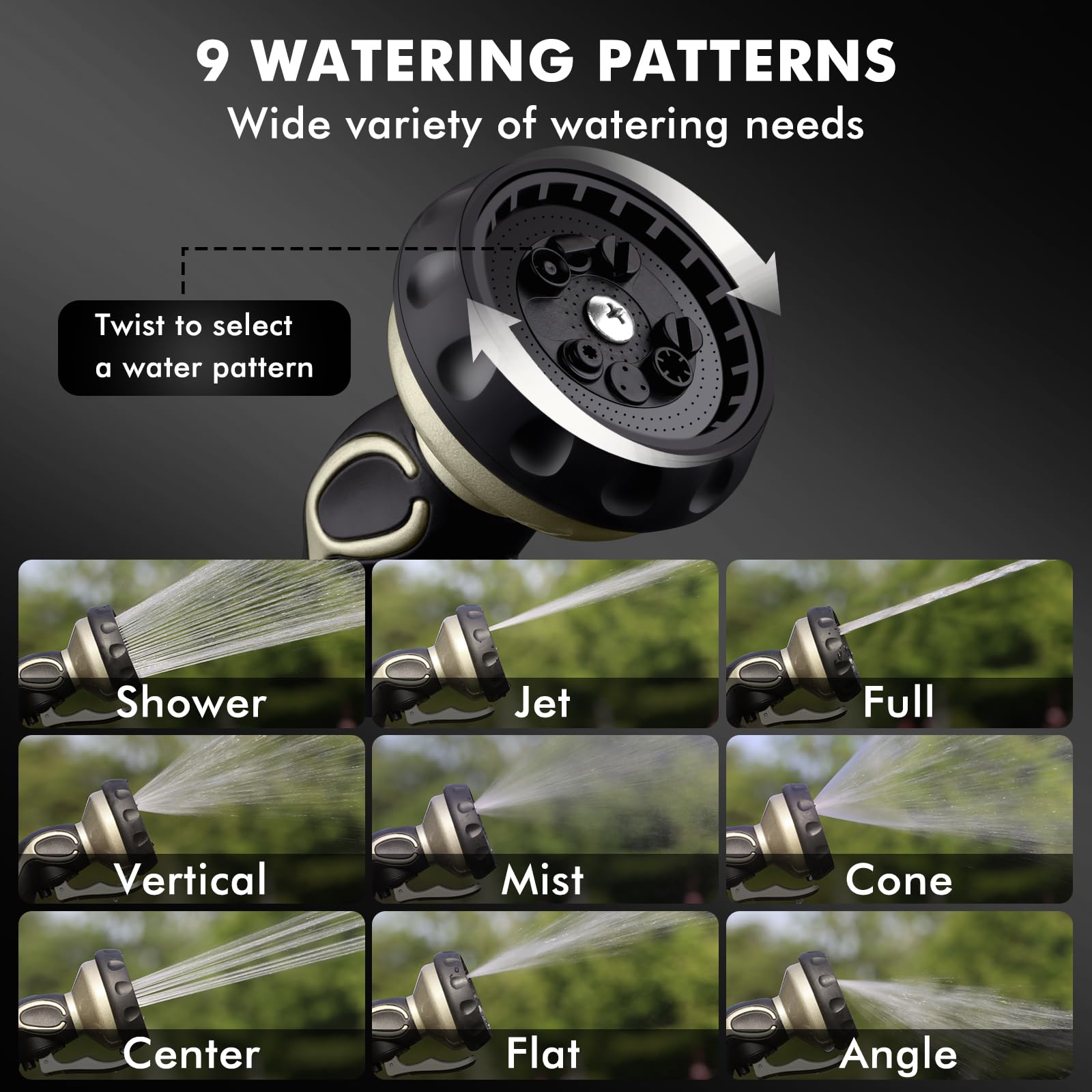RESTMO Heavy Duty Metal Hose Nozzle with Easy Self-Lock Trigger - 9 Spray Patterns & On/Off Valve - Perfect for Lawn, Garden, Car Washing & Pet Cleaning - Outdoor Watering & Cleaning Solution