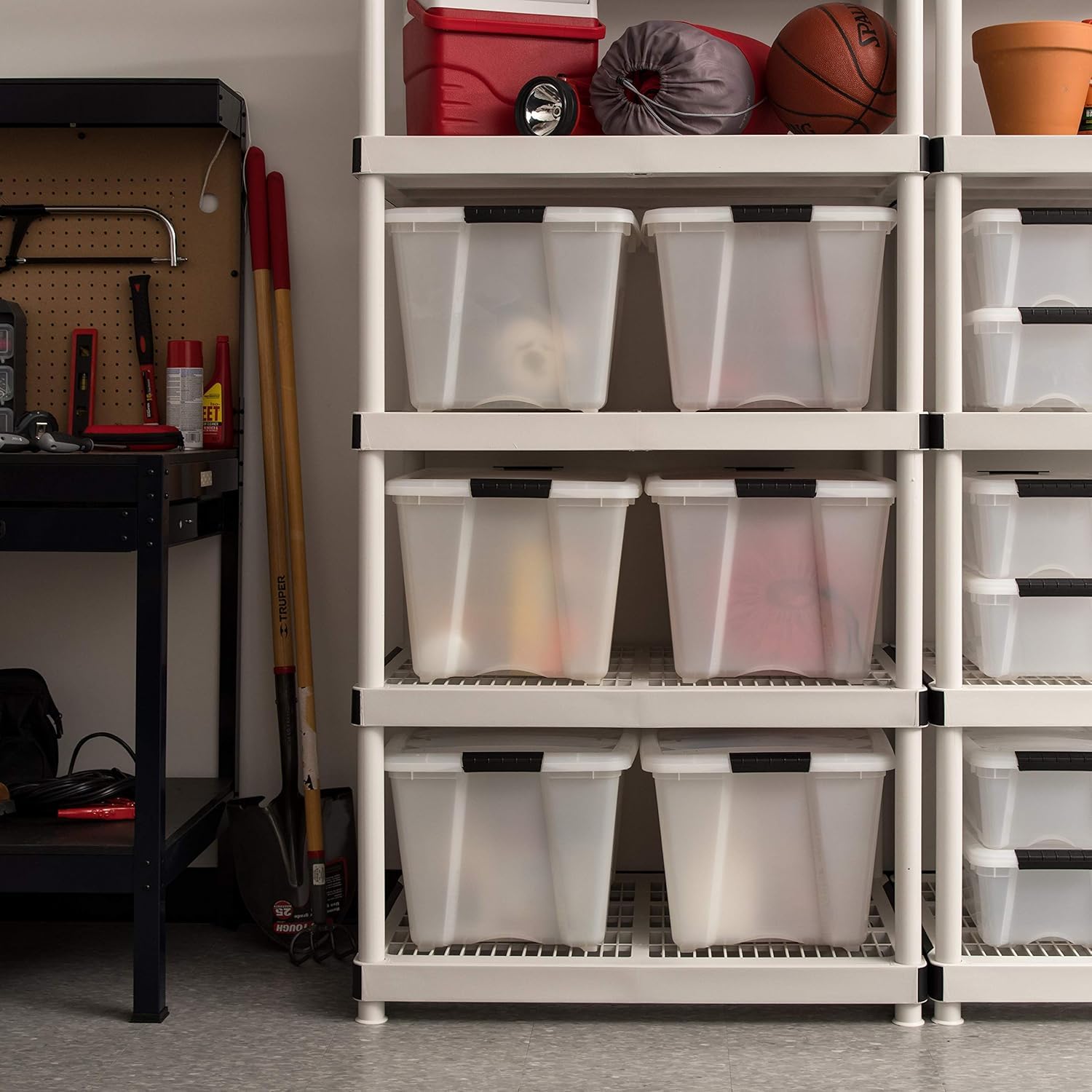 IRIS USA 54 Qt Stackable Plastic Storage Bins with Lids, 6 Pack - BPA-Free, Made in USA - Durable Nestable Containers with Secure Pull Handles & Latches - Perfect for Home Organization, Closet Storage, Garage Shelving & Toy Containers