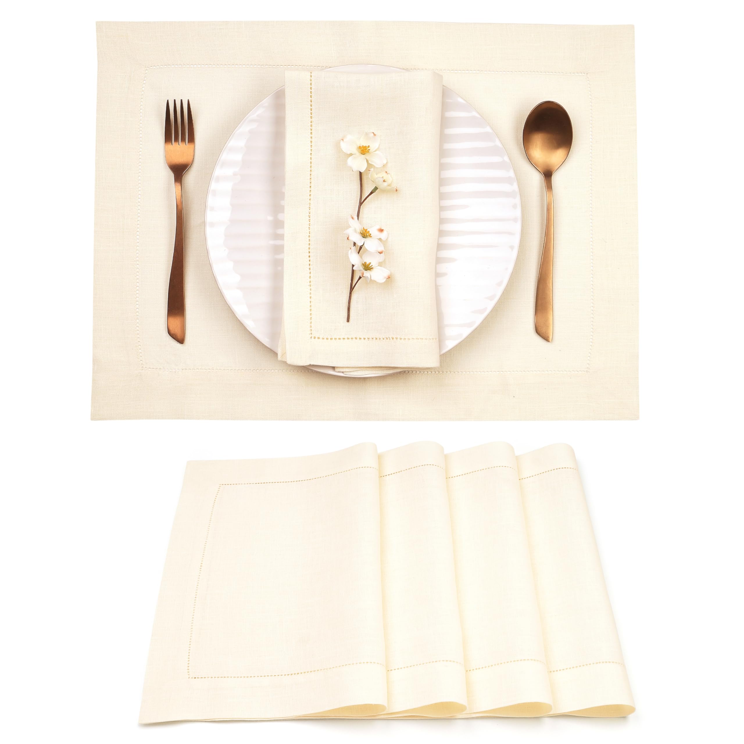 D'Moksha Homes 100% Pure Linen Placemats Set of 4 - 14x19 Inch Vanilla Cream Table Mats with Classic Hemstitch Design, Washable & Durable for Easter, Thanksgiving, Dinner Parties & Home Decor