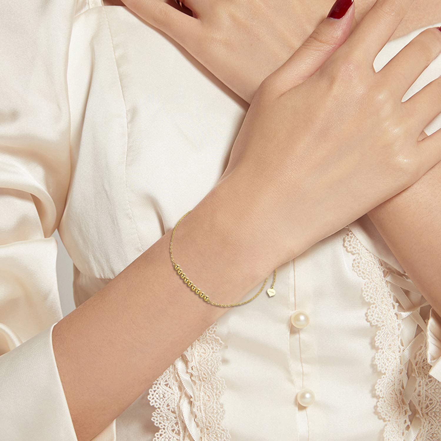 14K Solid Gold Beaded Bracelet for Women | Elegant Yellow Gold Jewelry | Adjustable 6.5