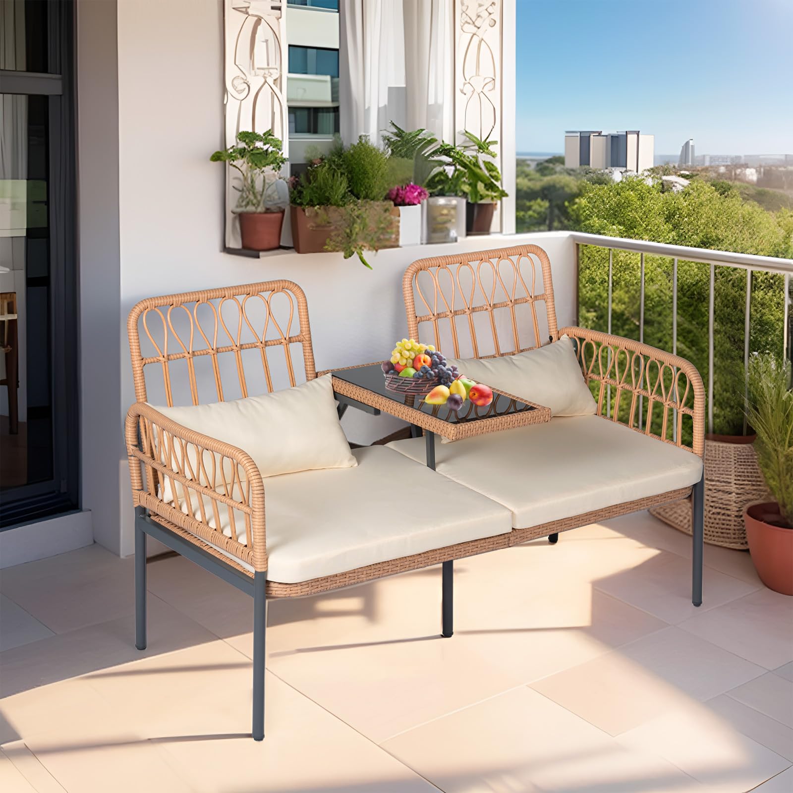 Outdoor Loveseat 2-Piece Patio Furniture Set - Wicker Conversation Set with Cushions, Lumbar Pillows & Built-in Table - Perfect for Porch, Garden, Backyard and Poolside Relaxation