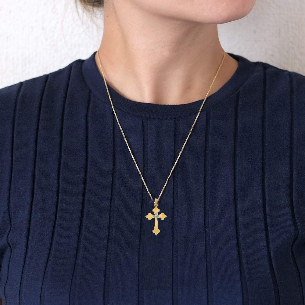 14K Yellow Gold Fleur De Lis Diamond Cross Pendant Necklace - Religious Jewelry Gift for Women & Men - 0.01ctw - Perfect for Baptism, Confirmation & Daily Wear