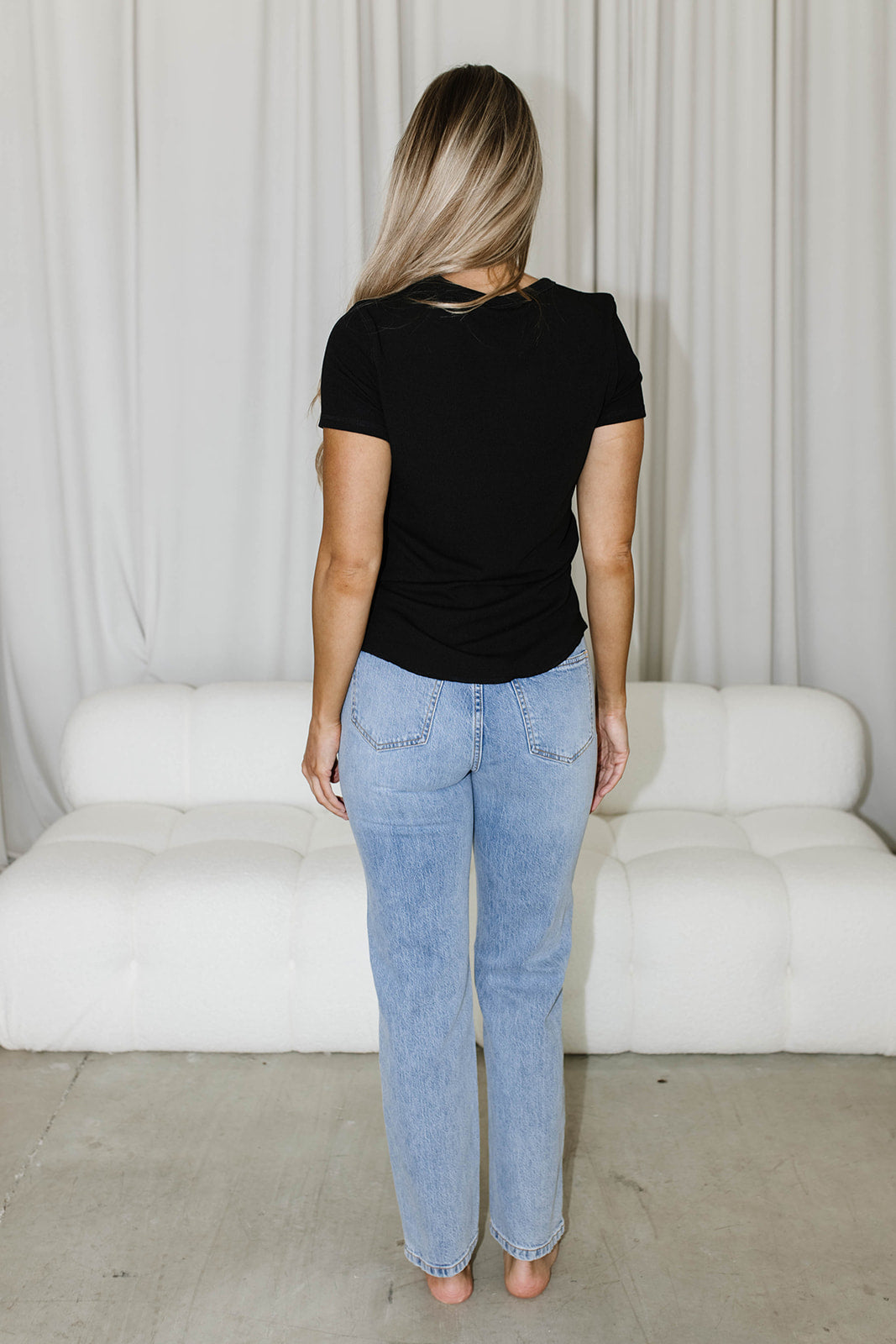 Phoenix Ribbed Knit Tee - Soft Black Cotton T-Shirt for Women | Casual Wear & Layering Essential