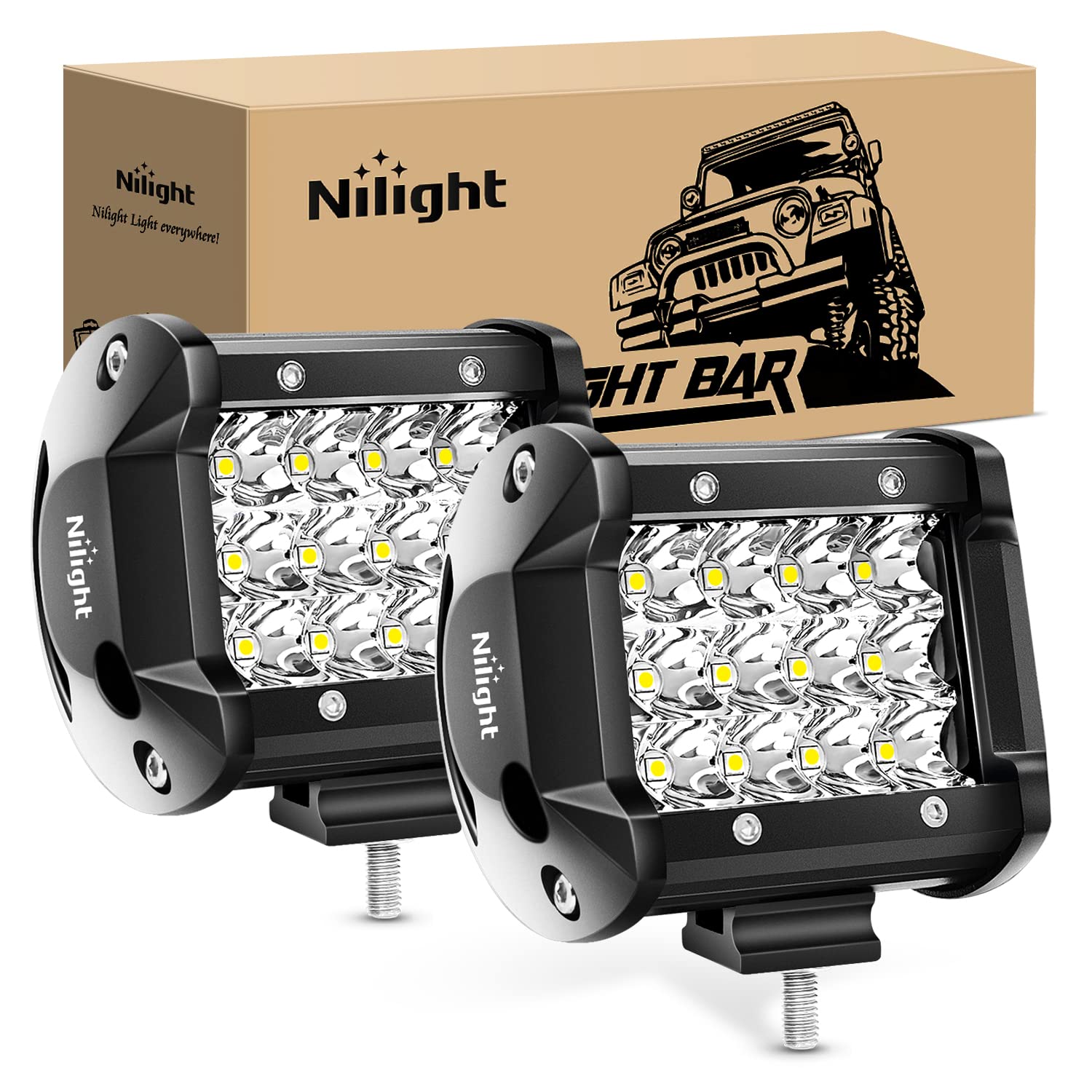 Nilight 18001S-B 2PCS 4-Inch 36W Triple Row Spot LED Light Bar - 3600LM Off-Road Driving Lights for Trucks, Jeep, UTV, ATV, Marine & Boats - Waterproof Fog Lights with 2-Year Warranty - Perfect for Night Off-Roading, Camping & Emergency Lighting