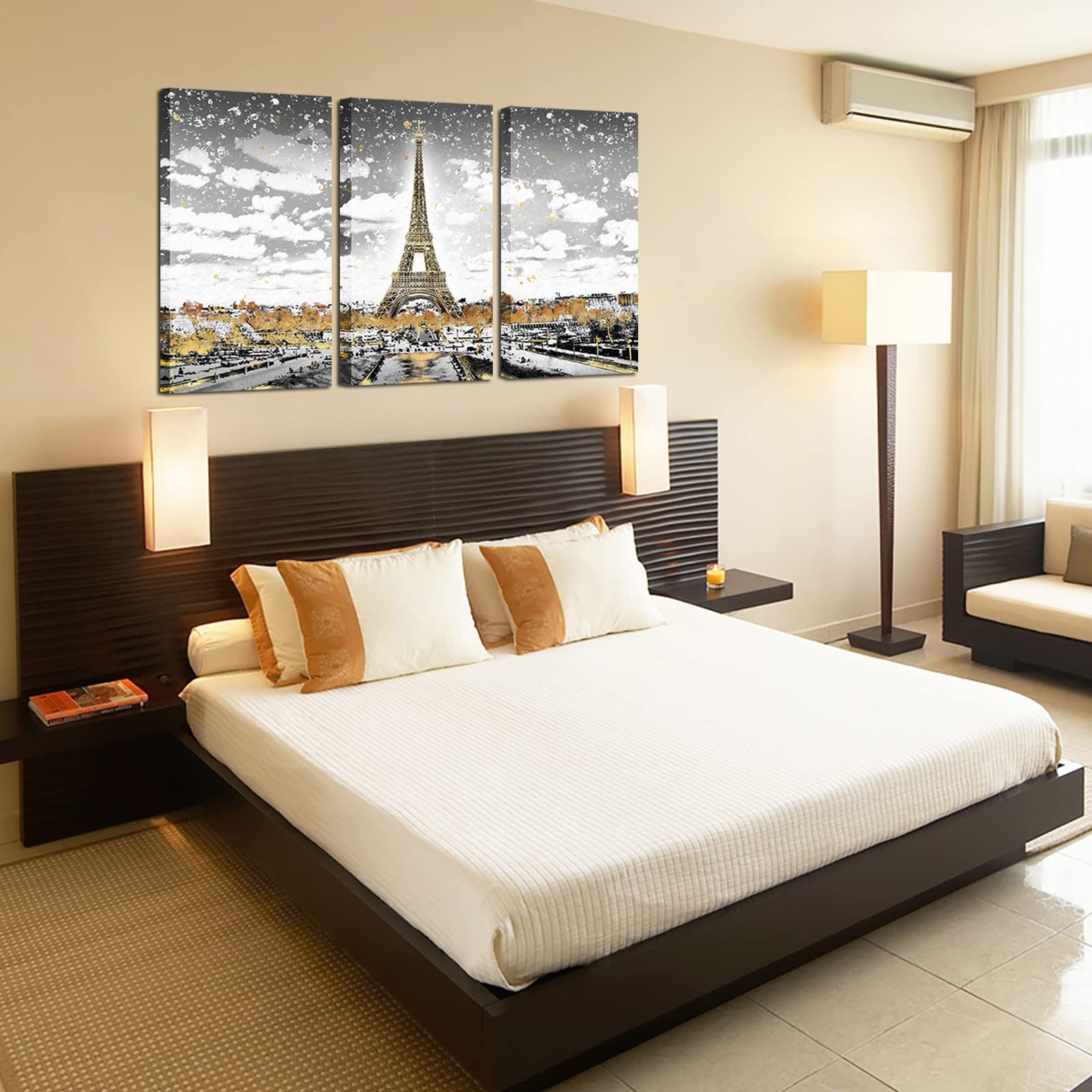 RnnJoile Paris Canvas Art - Gold Eiffel Tower Landscape Painting, France Wall Decor for Bedroom, Framed Artwork - Perfect for Home Decor, Living Room & Office Wall Art