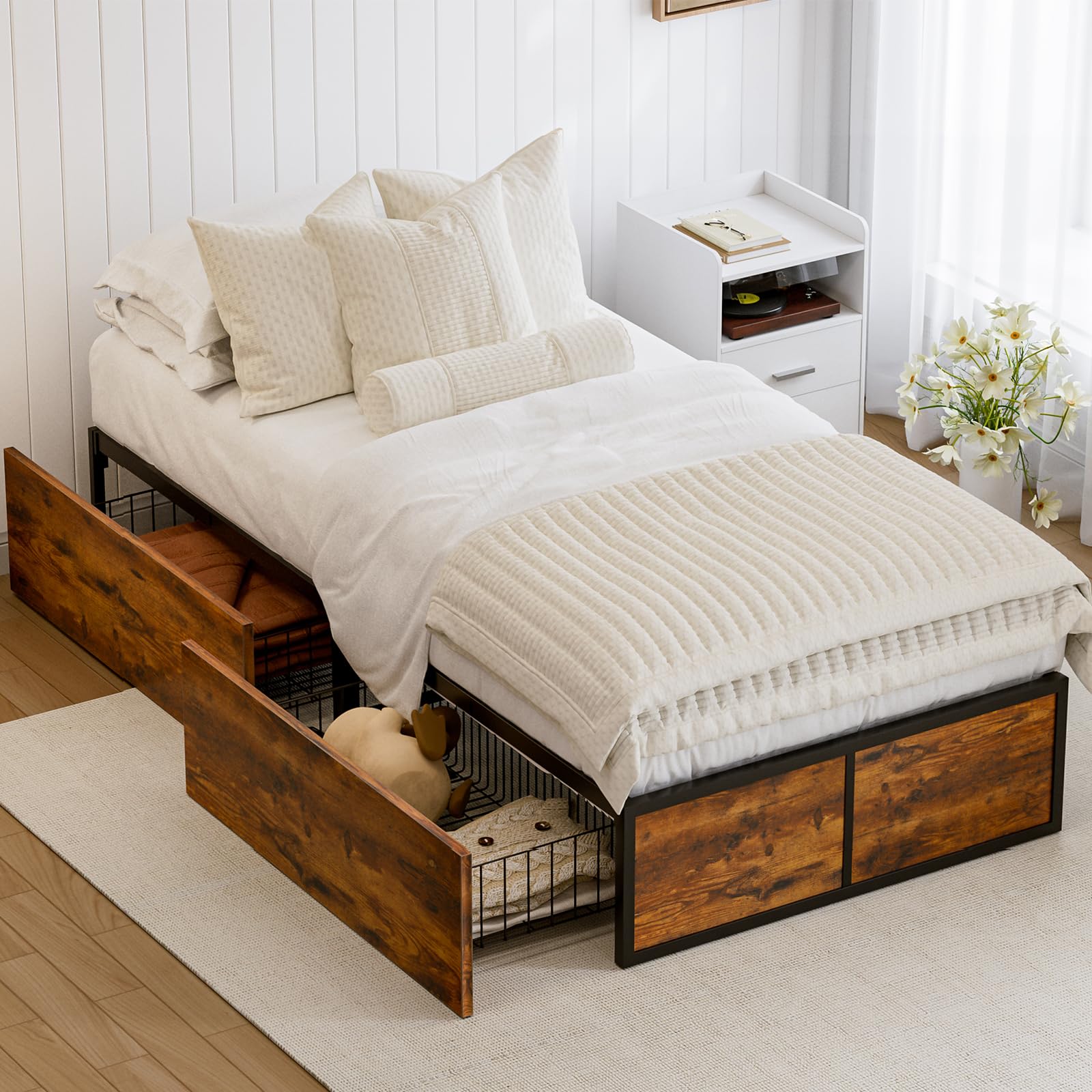 GAZHOME Twin Bed Frame with 2 XL Storage Drawers - Sturdy Metal Platform Bed with Footboard, 9 Reinforced Slats (No Box Spring Required) - Easy Assembly Space-Saving Design for Small Bedrooms, Dorms & Guest Rooms