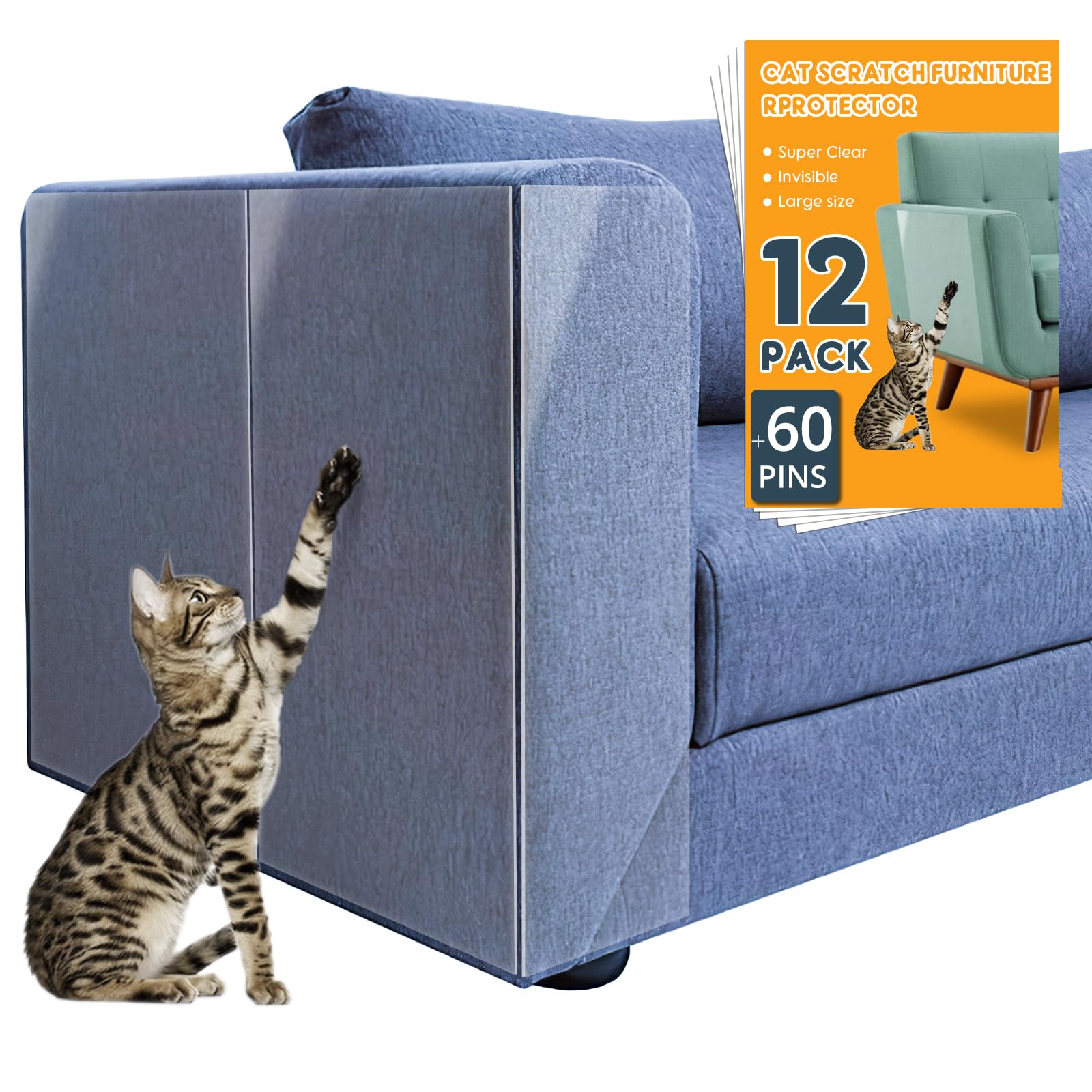 12 Pack Cat Scratch Furniture Protector - 60 Pins Anti-Scratch Deterrent for Sofa, Chairs, Doors (14