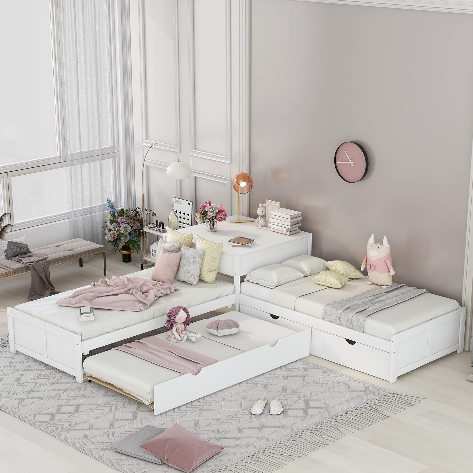 L-Shaped Twin Corner Bed with Storage Drawers & Built-in Desk - Wooden Platform Bed with Trundle for Kids, Teens & Adults - Space-Saving Solution for Small Bedrooms, Dorm Rooms & Shared Kids' Rooms (Twin Size, White)