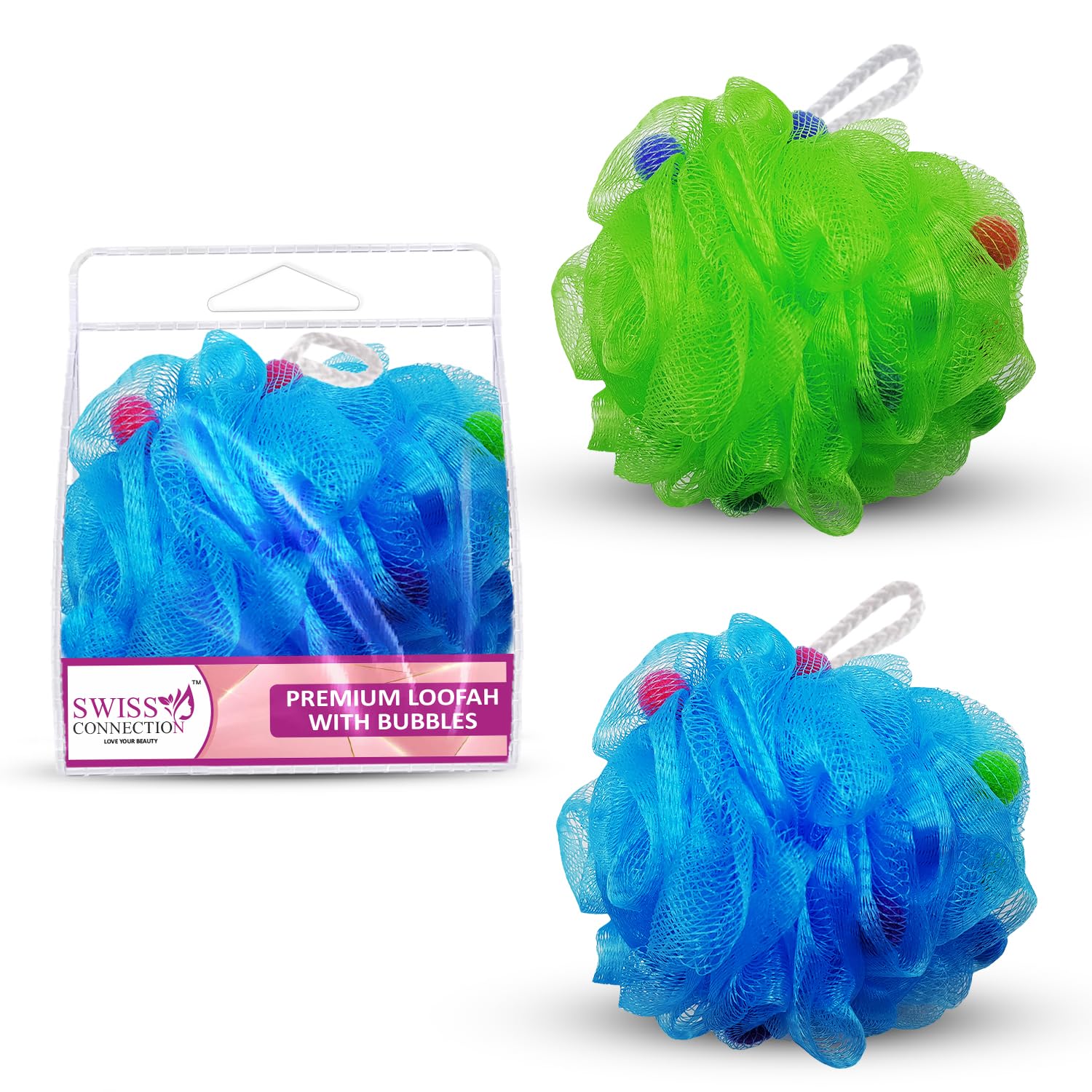 Swiss Connection Exfoliating Loofah with Active Spheres - Round Body Scrubber for Shower & Bath, Back Scrubber, Bath Accessories (2-Pack, Multicolor) - Perfect for Gentle Skin Exfoliation & Spa-Like Experience at Home