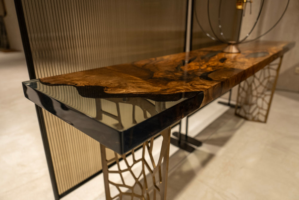 Voronoi Collection Walnut Wood and Resin Sofa & Entry Table - Modern Handcrafted Furniture for Living Room and Entryway Decor