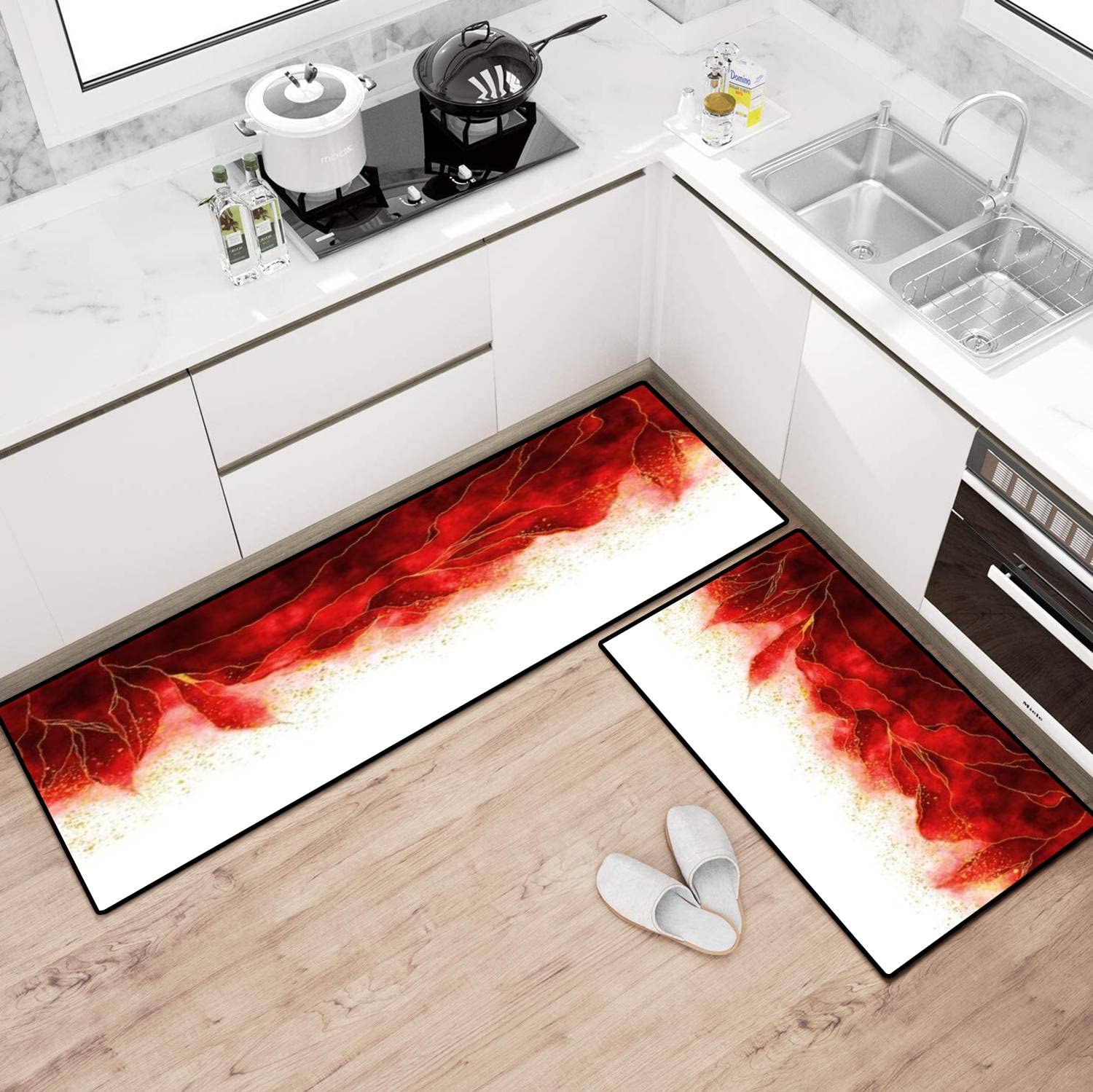 Non-Slip Washable Kitchen Rugs Set with Watercolor Brush Design - Spilled Red Paint Pattern Floor Mat, Runner & Doormat for Comfortable Standing - Perfect for Kitchen, Bathroom & Entryway Decor