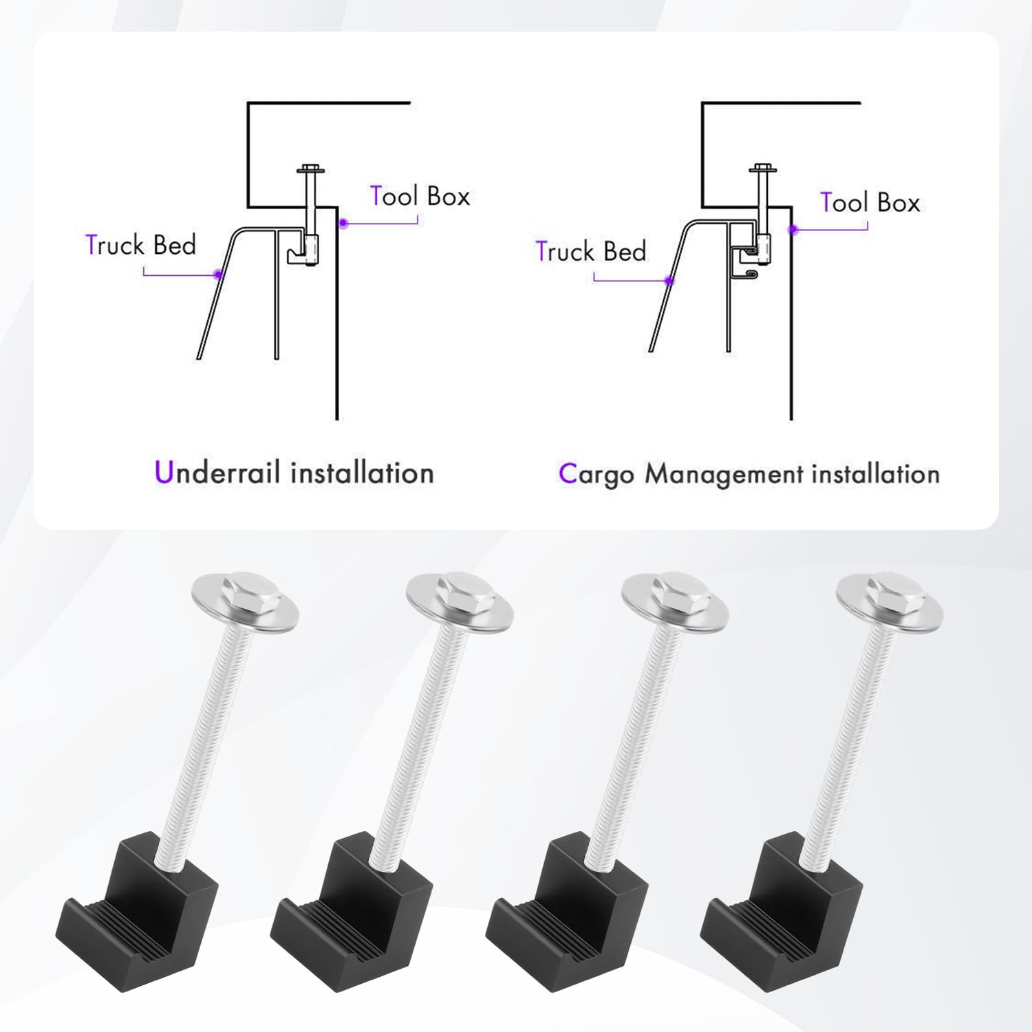 4PCS Aluminum Alloy Truck Tool Box Mounting Kit with J Hook Crossover Tie Downs - Universal Pickup Toolbox Rail Mounting Accessories for Securing Tool Boxes (Black) - Perfect for Pickup Trucks, Work Vans & Off-Road Vehicles