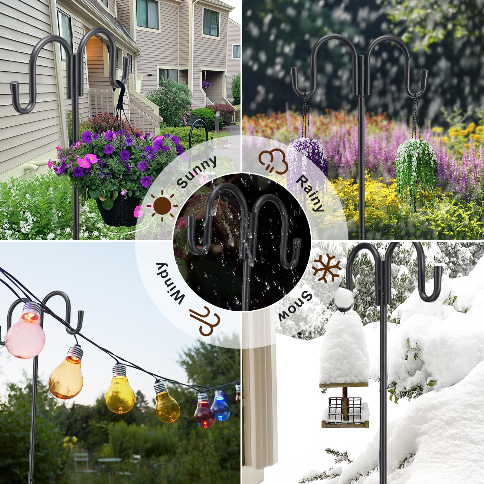 82 Inch Adjustable Black Double Shepherds Hook - Heavy Duty Rustproof Bird Feeder Pole with 5-Prong Base - Perfect for Outdoor Hummingbird Feeders, Solar Lights, Lanterns & Flower Baskets - Garden & Patio Decor Solution
