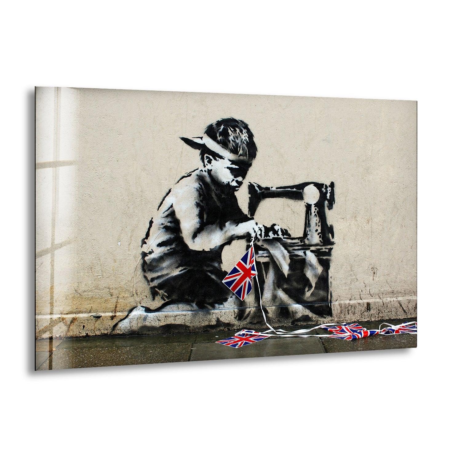 Banksy UK Flag Glass Wall Art - Modern British Street Art Decor for Living Room, Office & Gifts