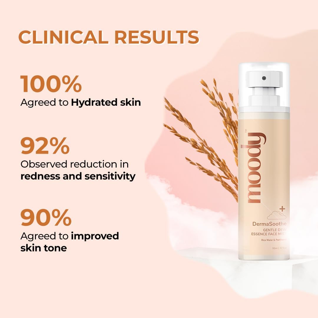 Moody DermaSoothe Brightening Face Mist & Essence Toner with Rice & Ceramides | Strengthen Skin Barrier | Alcohol-Free Hydrating Toner for Clear, Glass Korean Skin | 110ml | Perfect for Daily Skincare Routine & Travel-Friendly Hydration