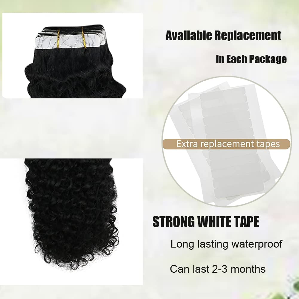 Black Kinky Curly Tape-In Hair Extensions 20 Inch 20PCS - 100% Real Human Hair #1B, Double Skin Weft with Thick Ends for Black Women | Perfect for Protective Styling, Weddings & Everyday Glam