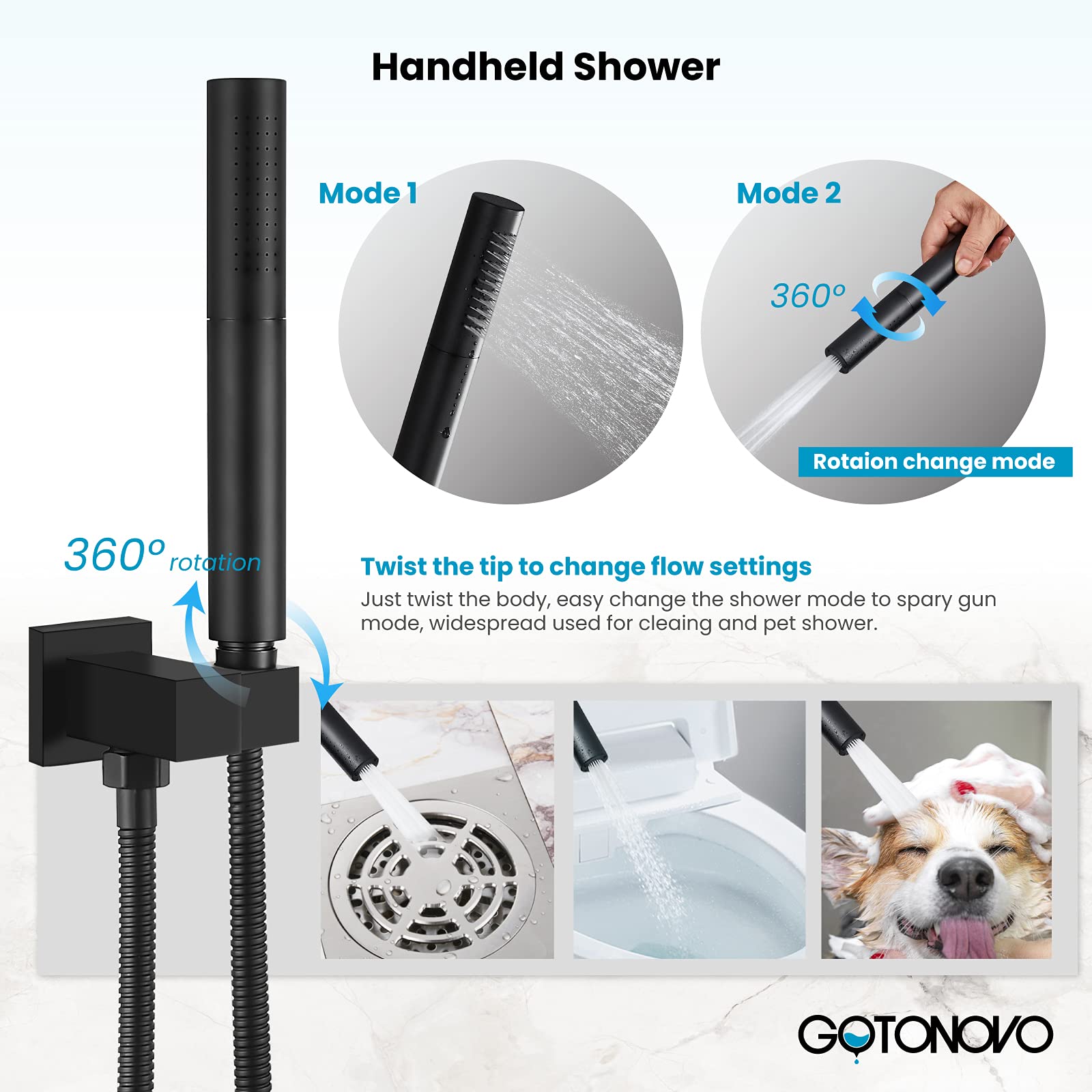 Gotonovo Matte Black 12 Inch Square Shower Faucet Set - Wall Mount Rainfall Shower System with 2-in-1 Cylindrical Handheld Showerhead and Rough-in Valve for Modern Bathroom Renovation | Perfect for Spa-Like Shower Experience and Luxury Home Upgrade