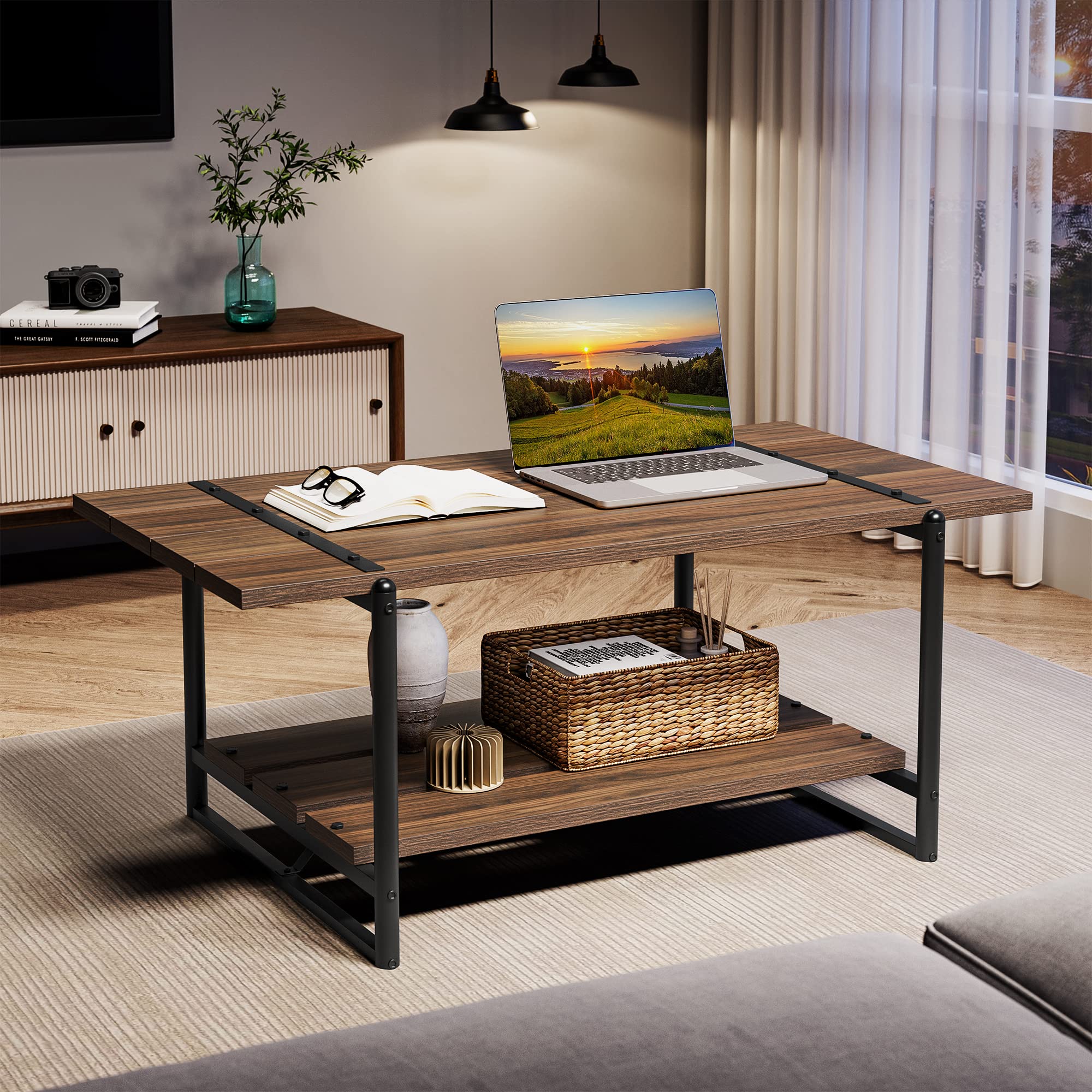 2-Tier Farmhouse 41'' Large Gray Wood Coffee Table with Storage Shelf - Modern Rustic Metal Rectangle Center Table for Living Room, Home Office - Easy Assembly (Walnut Brown) - Perfect for Small Spaces, Family Gatherings & Cozy Home Decor