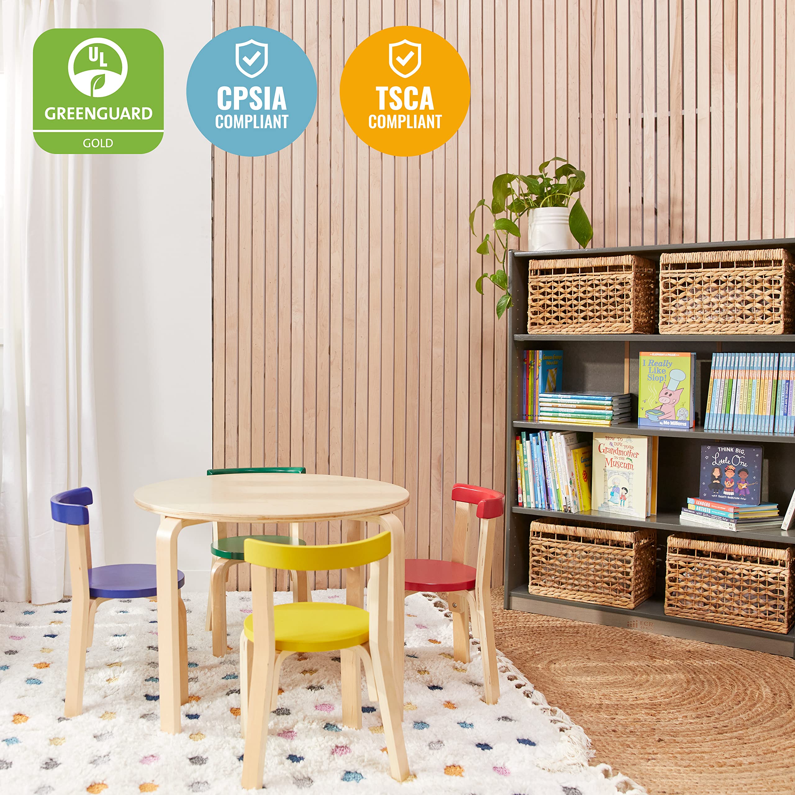 ECR4Kids Bentwood Round Table and Curved Back Chair Set - 5-Piece Kids Furniture for Classroom, Playroom & Daycare - Natural Wood Children's Table & Chairs for Learning & Play Activities