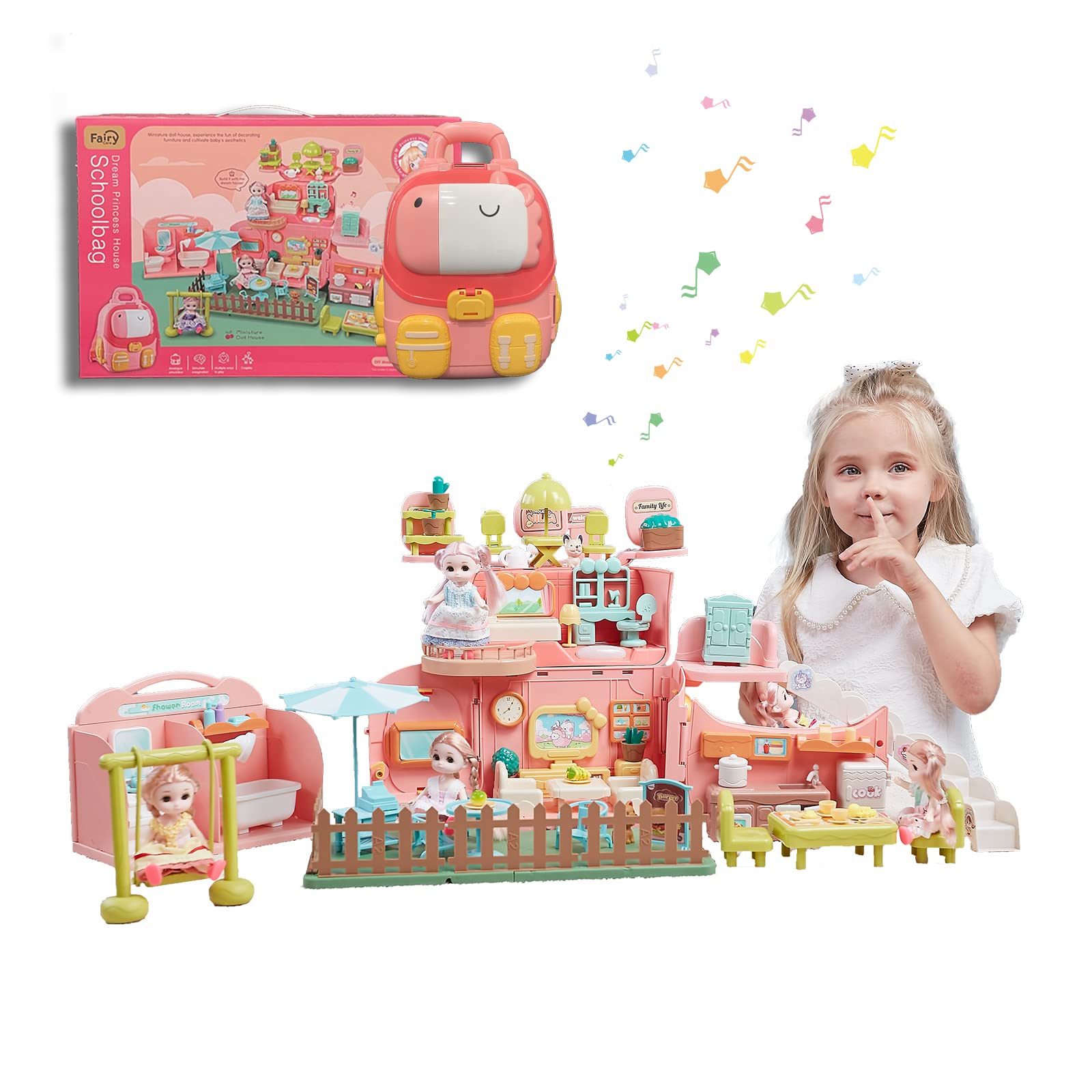 Dreamhouse Dollhouse Building Toys for Girls - Pretend Play Doll House with School Set & Portable Backpack - Best Birthday Gifts for 3 4 5 6 Year Old Toddlers - Perfect for Preschool, Kindergarten & Indoor Imaginative Play