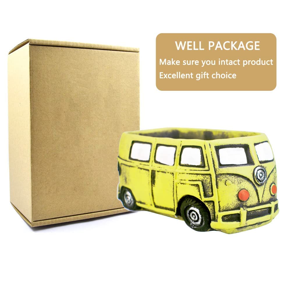 Small Succulent Planters with Drainage Hole - Cute Yellow Bus Flower Pots for Indoor & Outdoor Plants, Home & Garden Decor - Perfect for Windowsills, Office Desks, and Patio Decorations