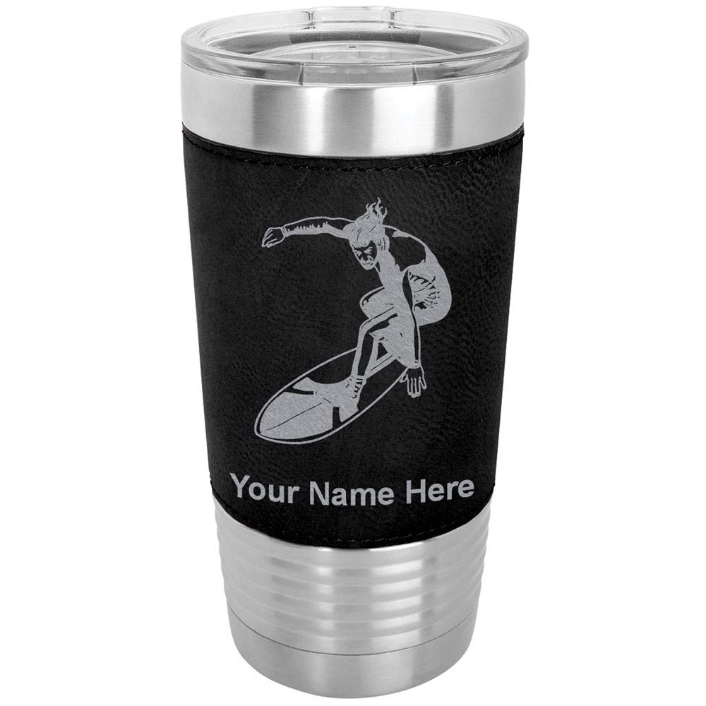 LaserGram 20oz Vacuum Insulated Stainless Steel Tumbler Mug with Leakproof Lid - Personalized Engraved Surfer Man Design, Faux Leather Base (Black) - Perfect for Coffee, Tea & Cold Drinks at Beach, Office or Gym
