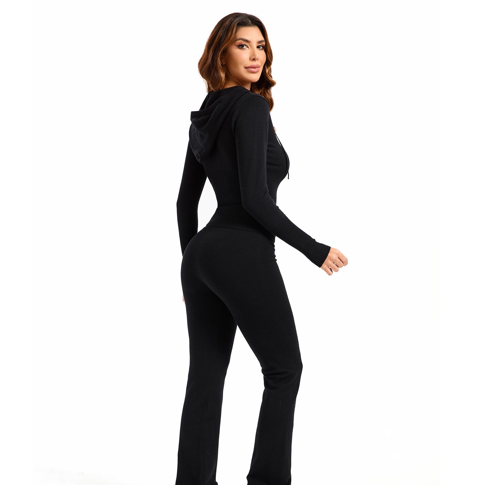 Women's Knit 2-Piece Outfit Set - Long Sleeve Crop Zip Up Hoodie & High Waist Skinny Pants | Y2K Fashion Lounge Wear for Casual Outings, Work from Home & Street Style