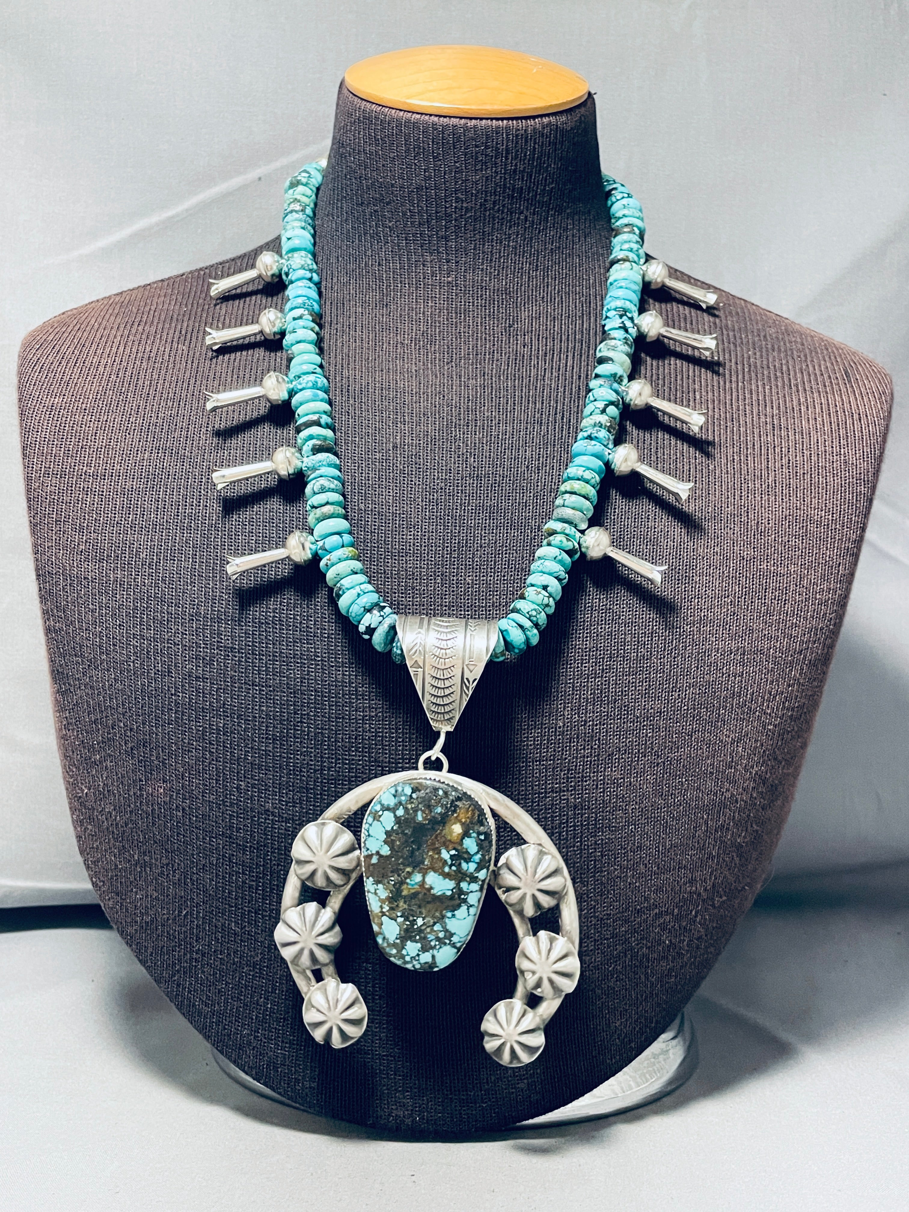 Authentic Navajo Spiderweb Turquoise Squash Blossom Necklace - 170g Sterling Silver Handmade Jewelry for Women - Perfect for Boho Fashion, Wedding Gifts & Special Occasions