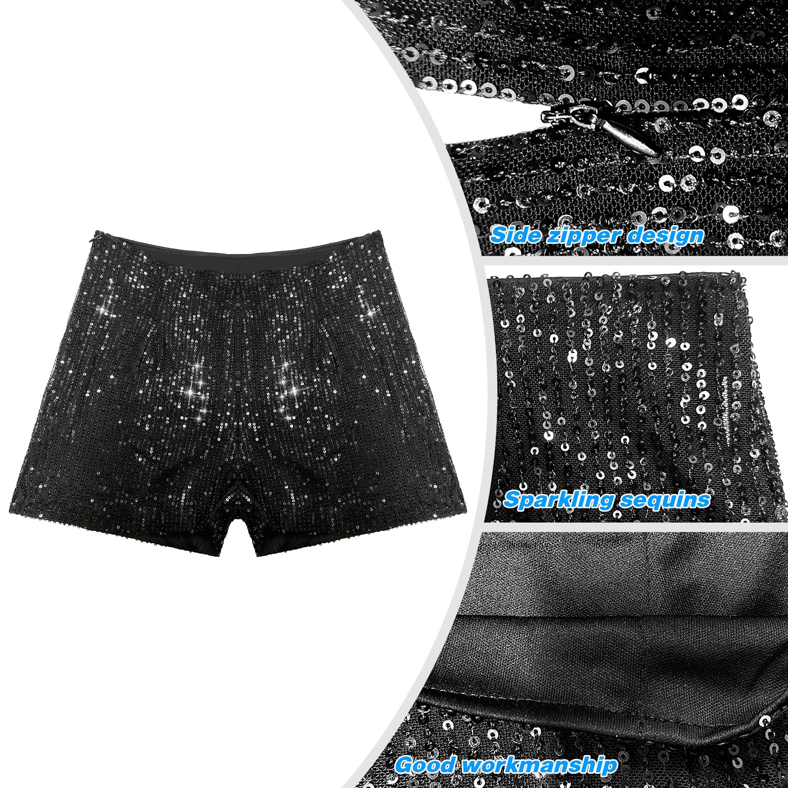 Sparkly High Waisted Sequin Shorts for Women - Black Glitter Party Shorts with Rhinestone & Fishnet Details | Perfect for Concerts, Nightclubs, Halloween & Festive Celebrations