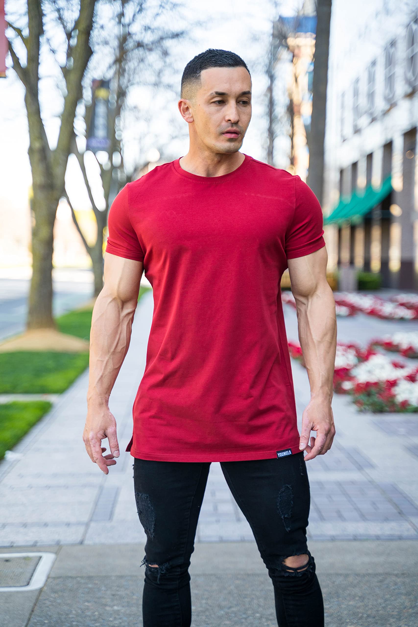 YoungLA Men's Minimalist Fitted T-Shirts | Slim Fit Long Drop Cut Tee for Gym & Workout | Comfortable Cotton Shirt for Training, Running & Casual Wear