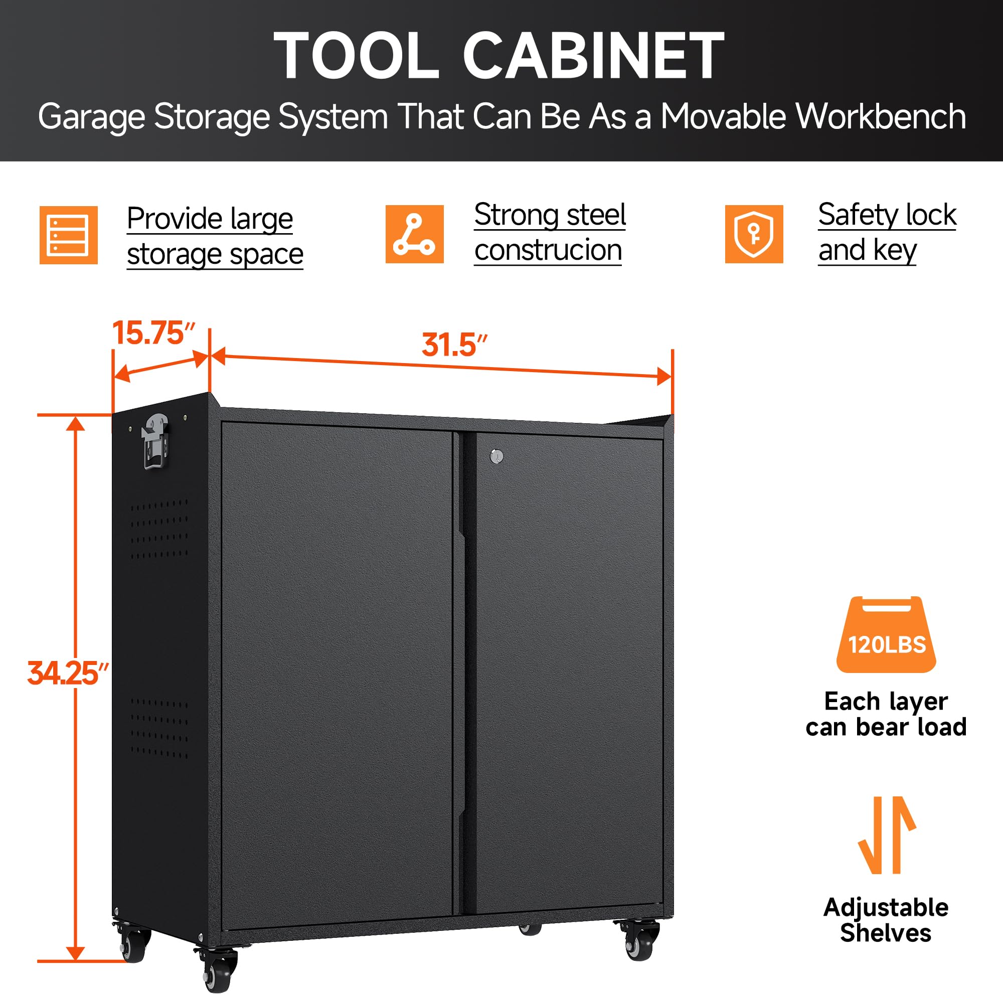 Heavy-Duty Garage Storage Cabinet with Wheels - 34.2