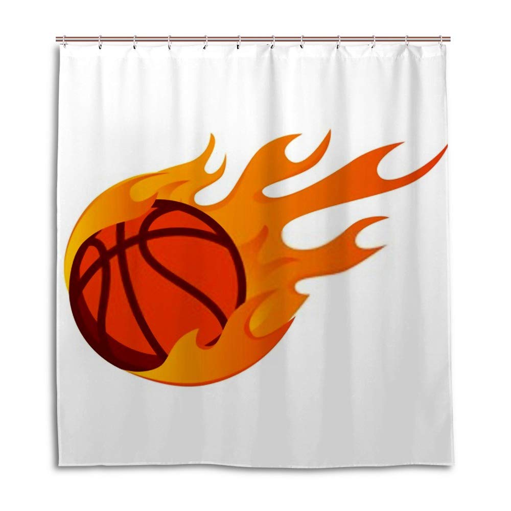 Flaming Basketball Shower Curtain - Waterproof Polyester Fabric Bathroom Curtain with 12 Hooks for Showers, Stalls & Bathtubs - Perfect for Sports-Themed Bathrooms & Kids' Rooms