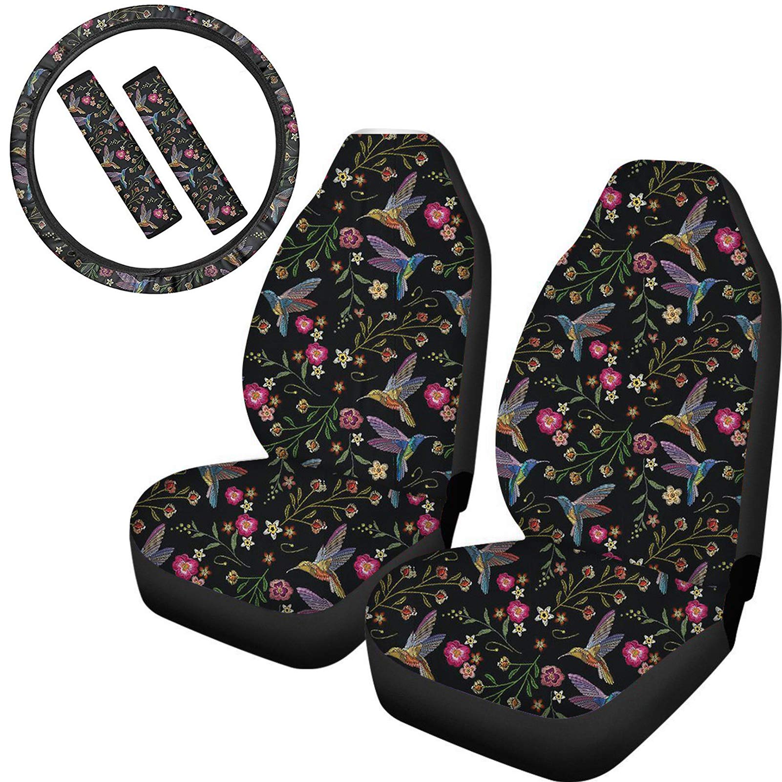FKELYI Cartoon Hummingbirds Car Seat Covers Set - 5 Piece Universal Front Seat Protectors with Steering Wheel Cover & Shoulder Pads | Perfect for Sedans, SUVs & Trucks | Cute Bird-Themed Interior Accessories