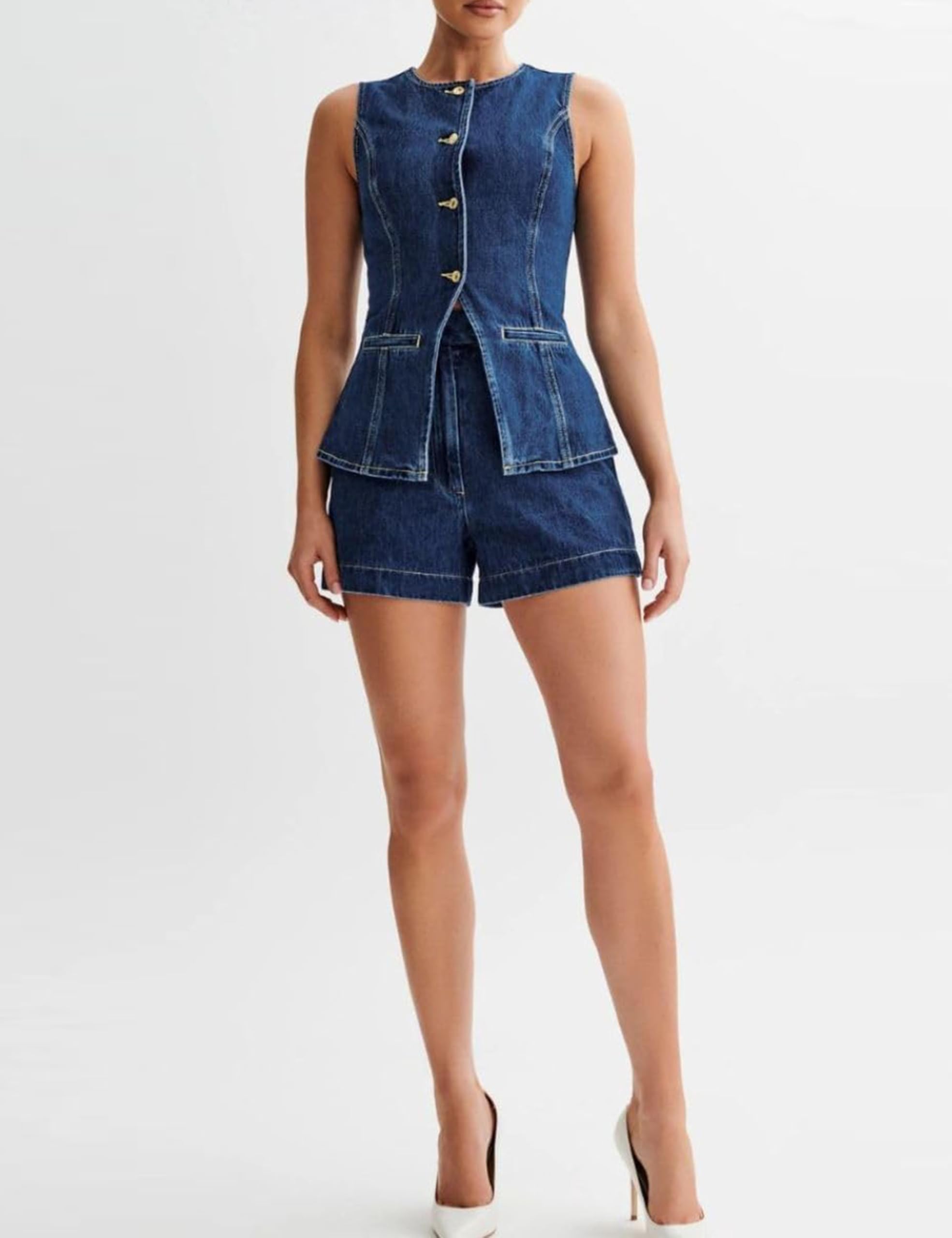 Stylish Women's 2-Piece Denim Set - Sleeveless Blazer Vest & Shorts Outfit | Business Casual & Summer Streetwear | Perfect for Office, Dating & Vacation