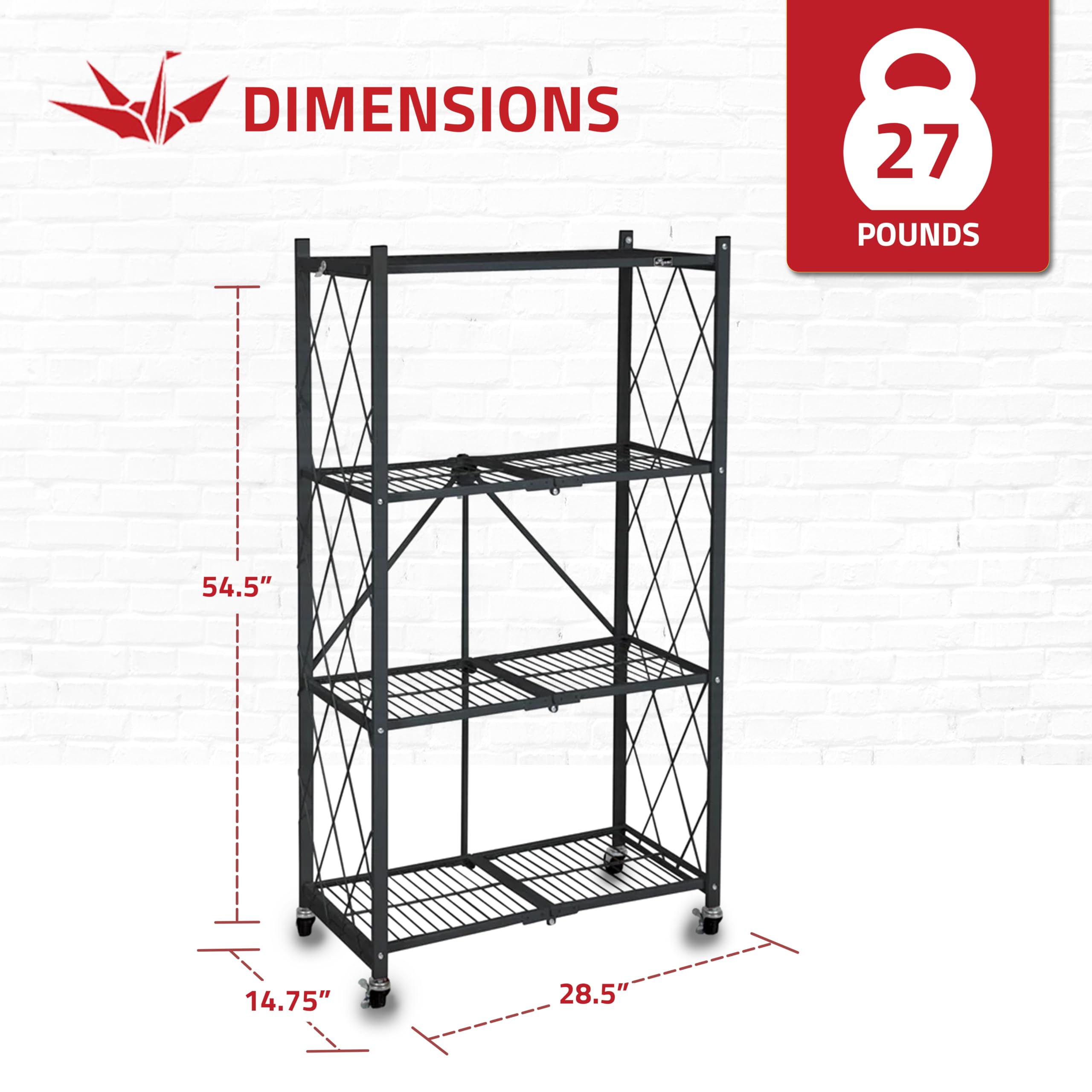 4-Tier Folding Storage Shelf Organizer with Wheels - Space Saving Origami Design for Kitchen, Garage, Pantry & Closet Organization - Heavy Duty Black Metal Shelving Unit for Home Storage Needs