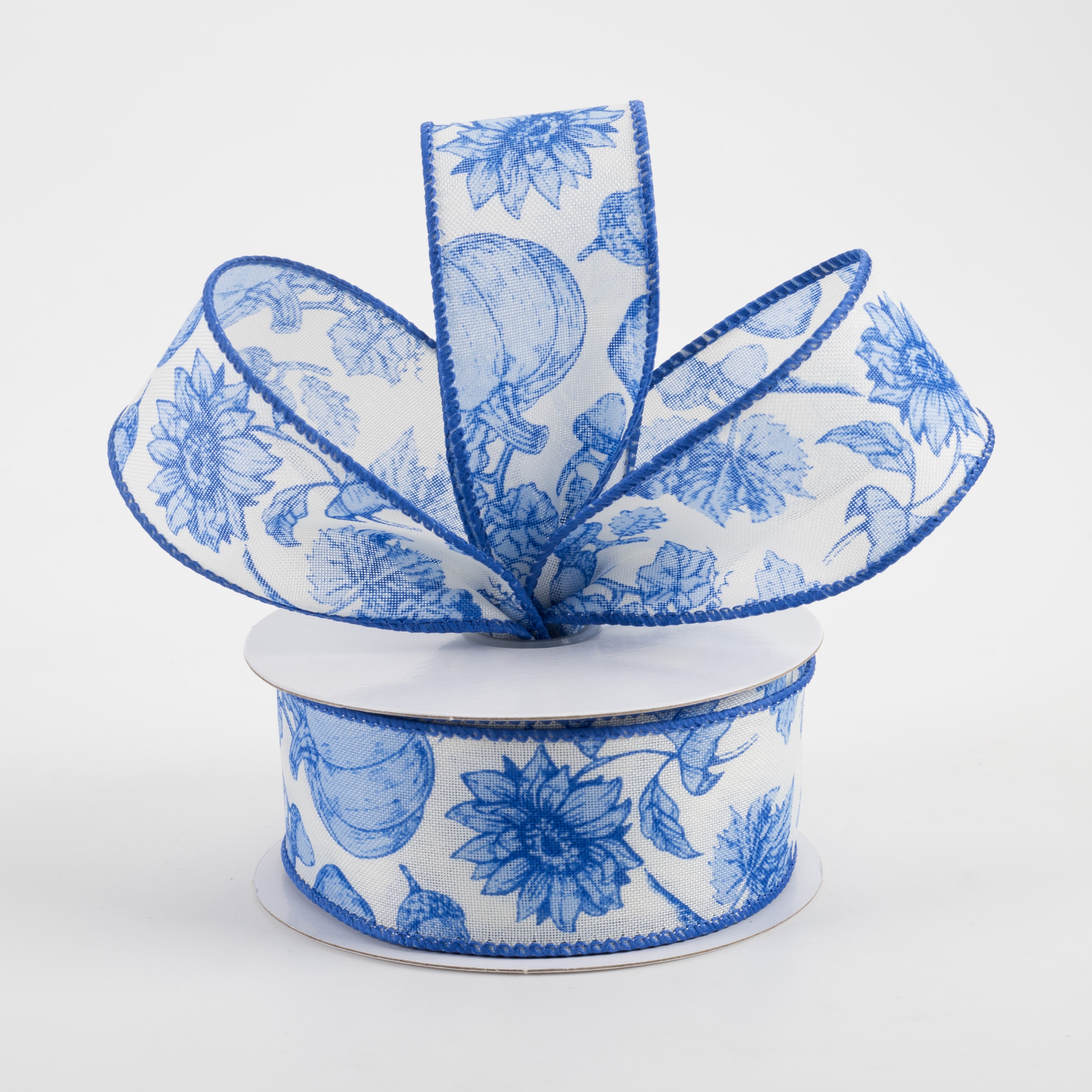 1.5 Inch Linen Fall Toile Ribbon - Blue on Cream Floral Pattern (10 Yards) for DIY Crafts, Gift Wrapping, Wedding Decorations and Seasonal Home Decor