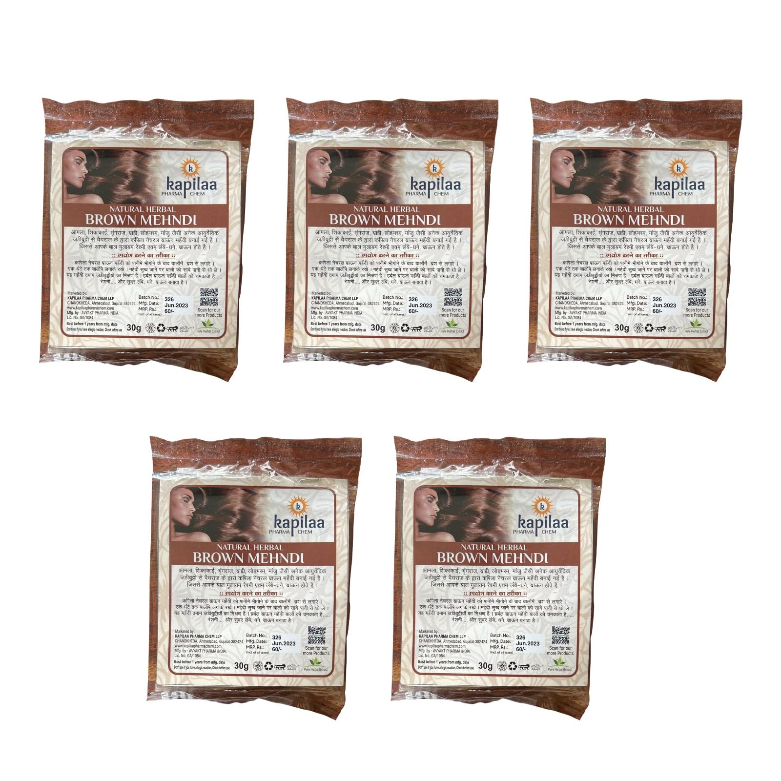 Kapilaa Pharma Chem Henna Natural Brown Mehndi Powder for Hair - 100% Pure Herbal Hair Treatment to Control Hair Fall & Repair Damaged Hair - 30g (Pack of 5) - Perfect for Natural Hair Coloring, Conditioning & Styling at Home