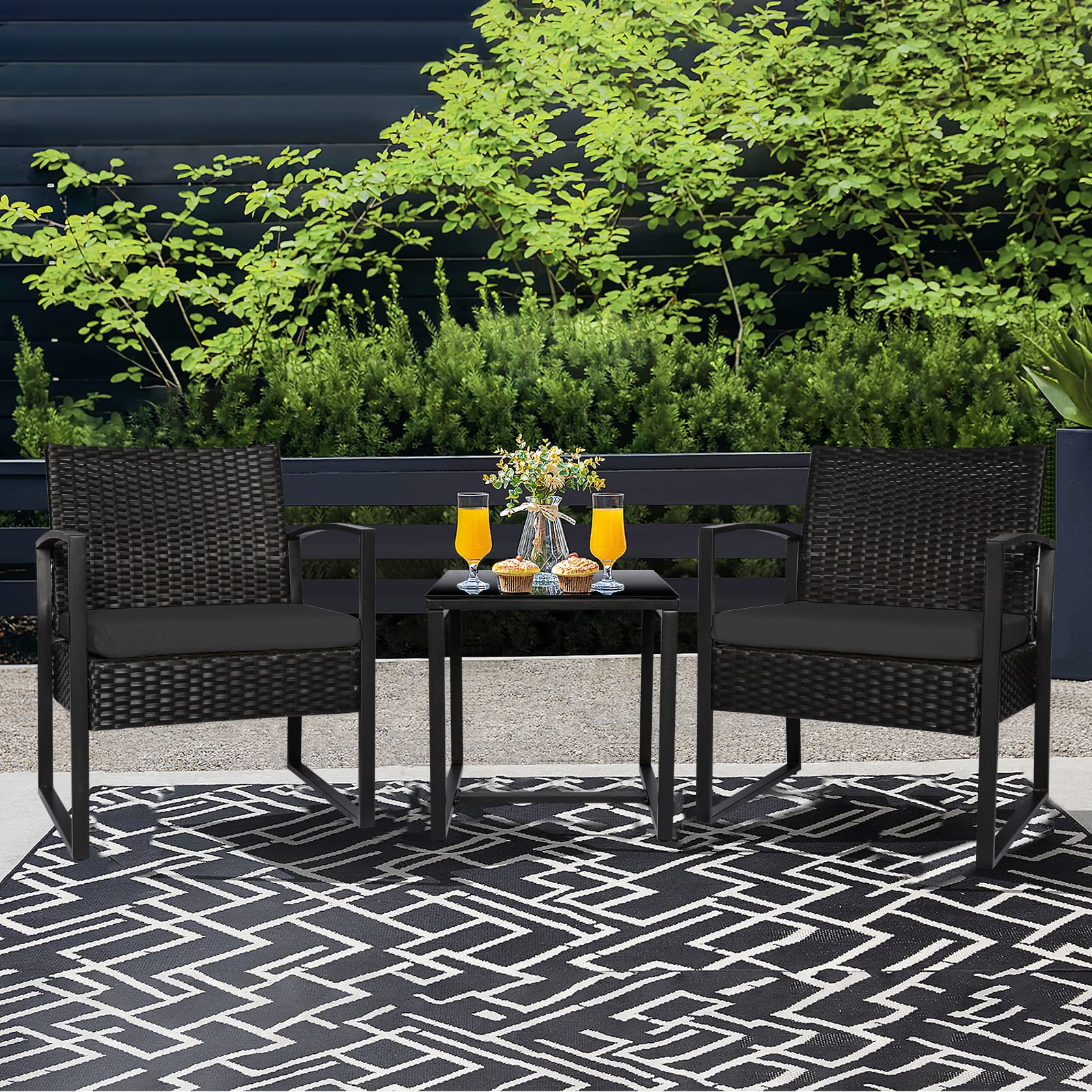 3-Piece PE Rattan Outdoor Patio Furniture Set - Modern Wicker Bistro Table & Chairs with Black Cushions for Front Porch, Balcony, Garden - Perfect for Small Spaces, Coffee Breaks & Relaxing Outdoors