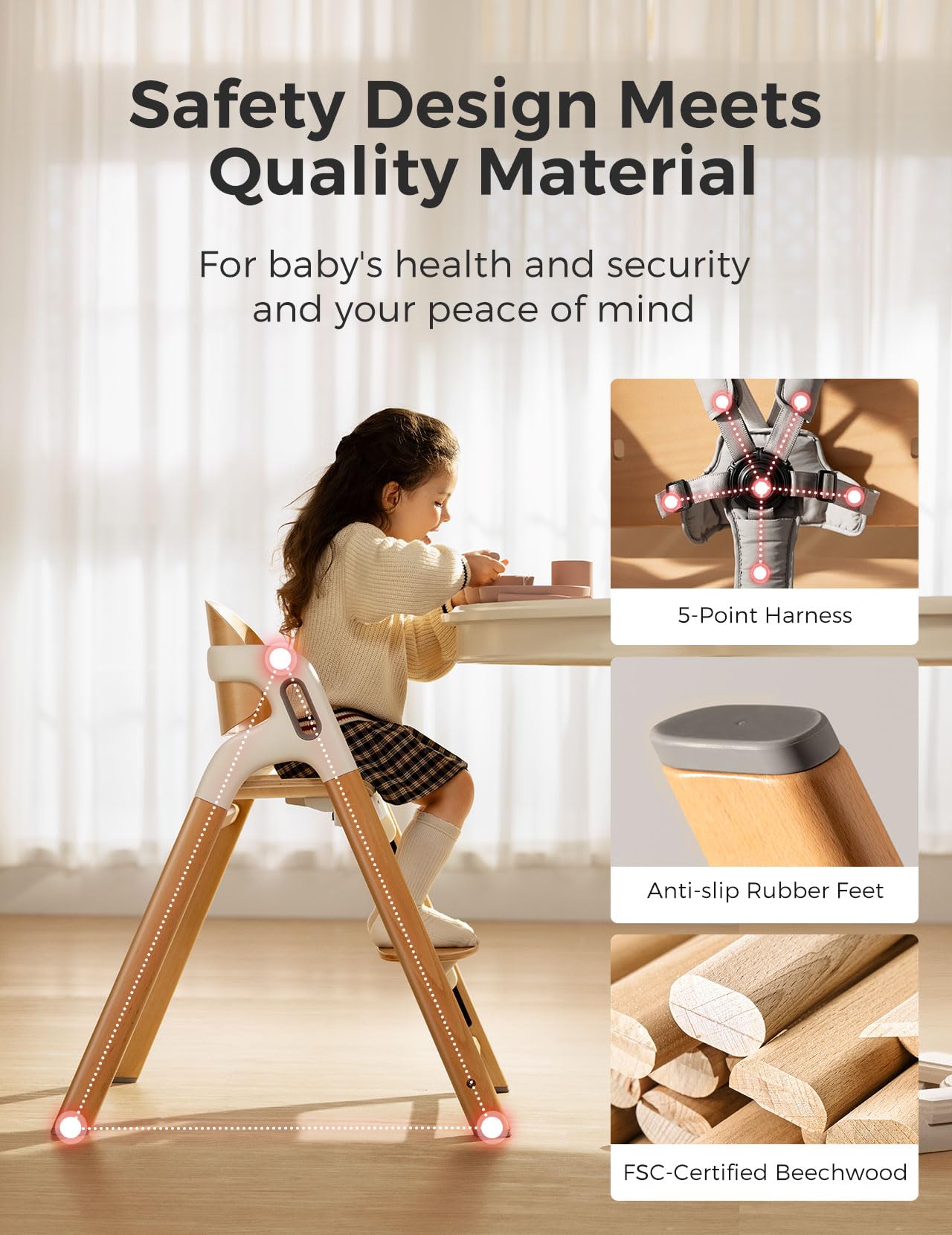 Momcozy DinerPal Convertible Wooden High Chair - Adjustable Baby & Toddler Highchair for Kids & Adults Up to 308 lbs - Ergonomic Design with Dishwasher-Safe Food-Grade Tray - Natural Wood Finish - Perfect for Dining, Kitchen & Family Gatherings