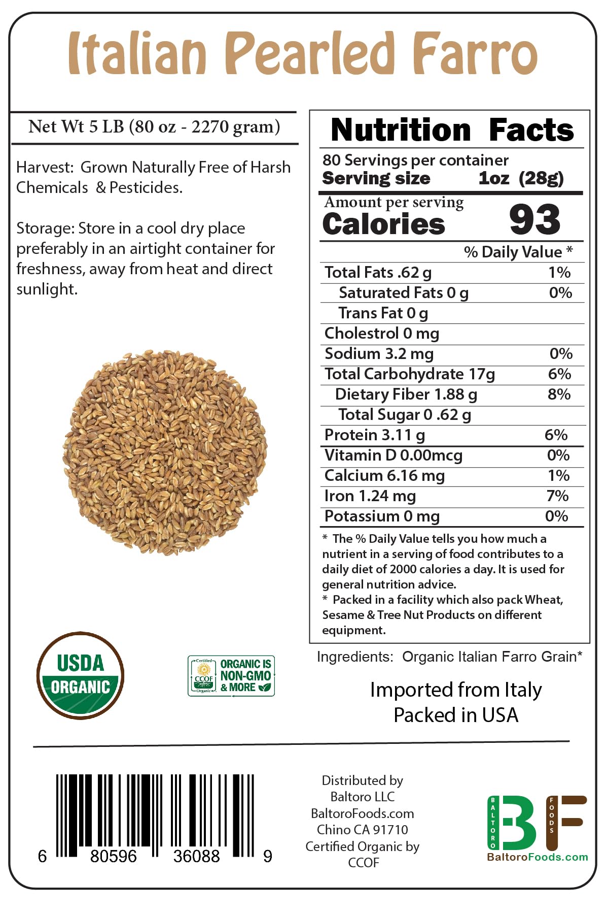 Organic Italian Pearled Farro - Non-GMO, Vegan, Raw, High in Protein & Fiber, Bulk 22lb Pack | Perfect for Salads, Soups, Grain Bowls & Healthy Meal Prep