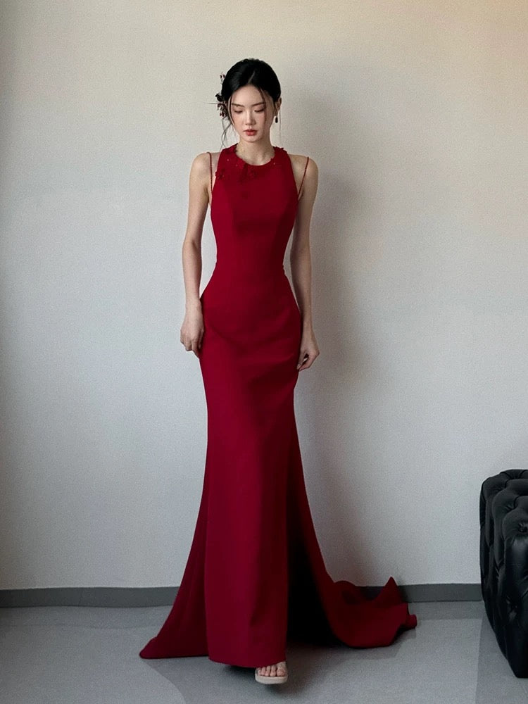 Elegant Mermaid Red Formal Party Dress with 3D Floral Appliques - Perfect for Evening Gala, Prom, Wedding Guest & Special Occasions